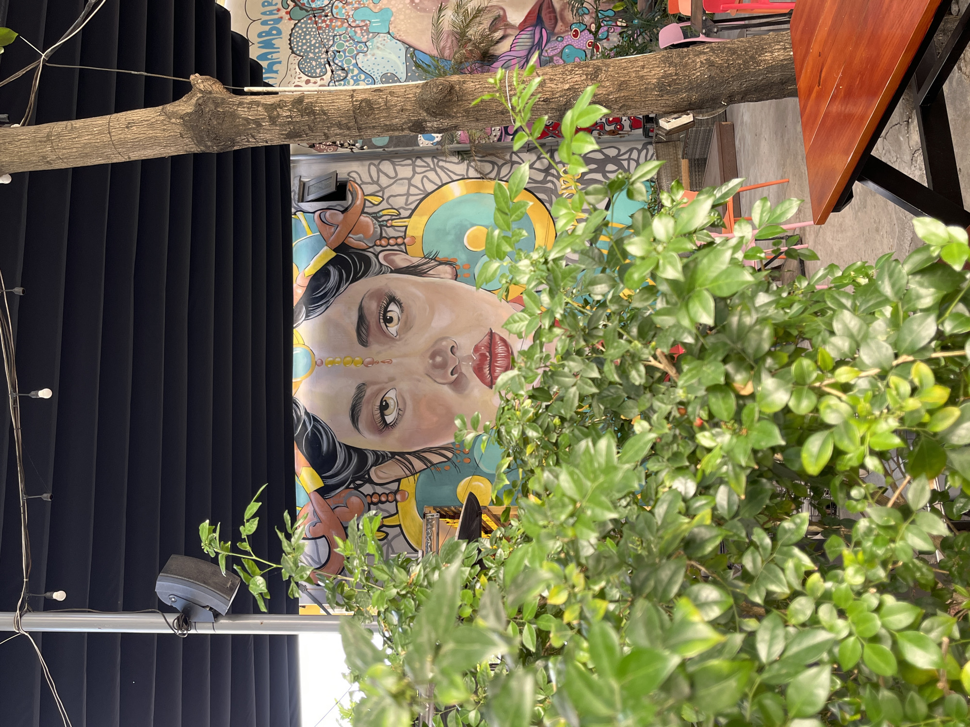 The image depicts an outdoor scene in Đà Nẵng, Vietnam. A mural of a woman's face is on a building's exterior wall. A tree branch is horizontally positioned across the top part of the frame. A lush green plant partially obscures the view of the mural. To the left are black curtains and a speaker mounted on a pole. The upper right of the frame shows a wooden table. Graffiti is present on the wall above the mural. The photograph is taken from a slightly tilted angle.