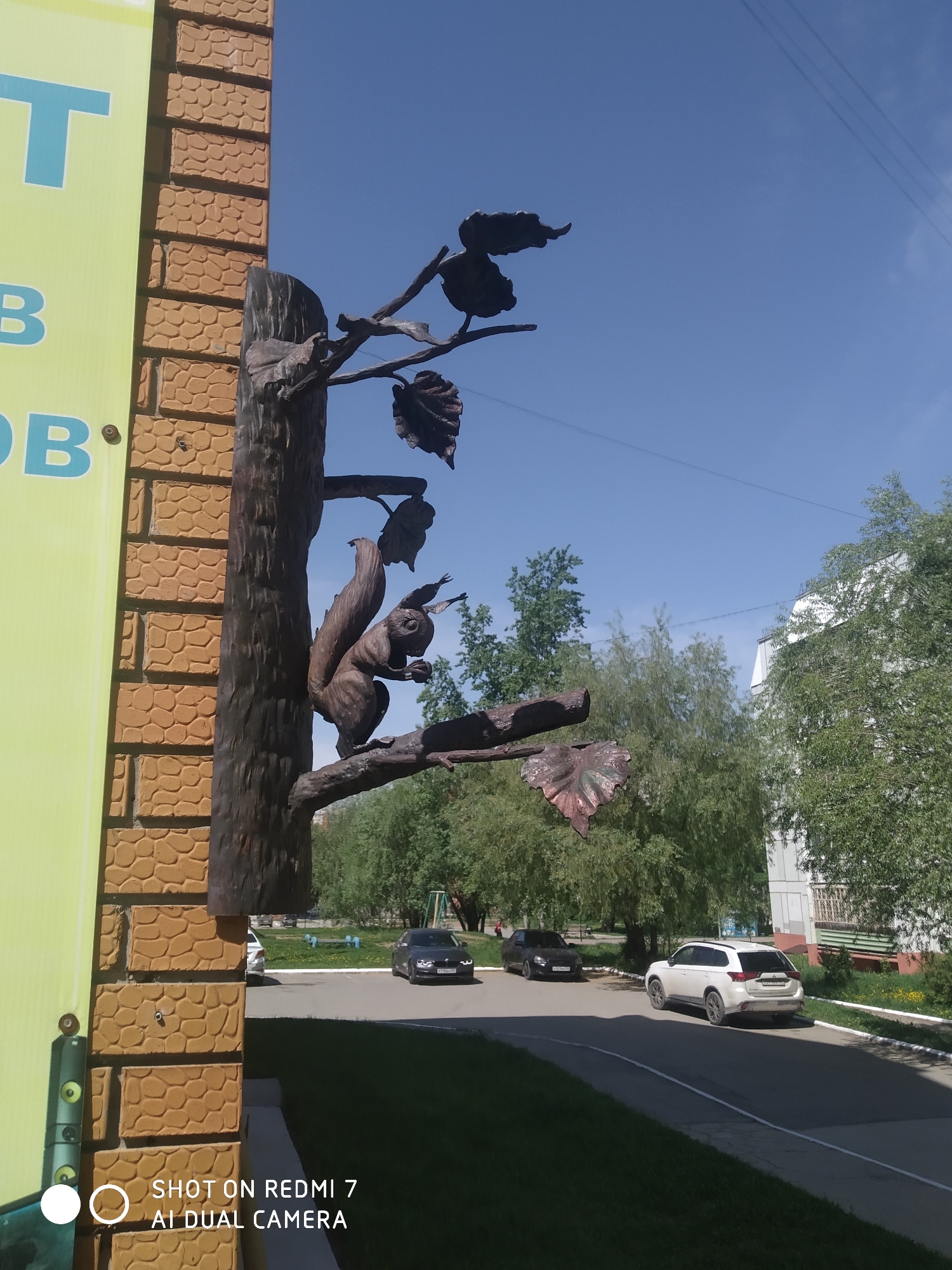A photograph depicts a sculpted metal squirrel perched on a tree branch, mounted on the side of a brick building. The sculpture is situated on a wall made of yellow, textured bricks. The side of the building has a yellow background with the blue Cyrillic alphabet letters. Several vehicles are parked along the street in the background. The sky is bright blue with a few wispy power lines. The scene is in Chaikovsky, Russia.