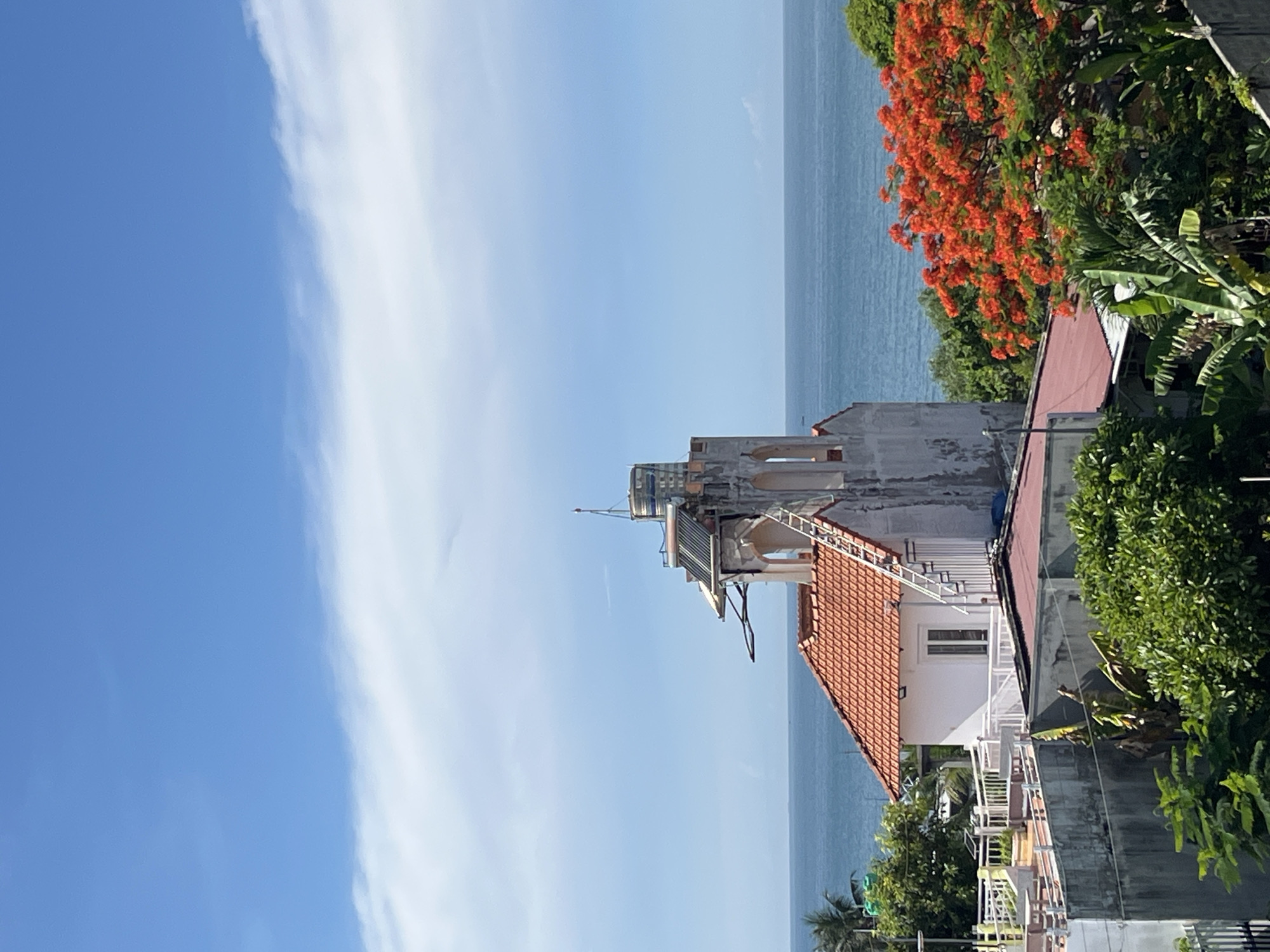 The image depicts a view overlooking the ocean from a residential area in Mũi Né, Vietnam. In the foreground, there are several buildings with red tile roofs and lush green foliage, including banana trees and a vibrant tree with bright orange flowers. A white building with a red-tiled roof is prominently visible, with a ladder leading up to its roof where solar panels and a water tank are installed. Adjacent to this building is a partially constructed or weathered concrete structure with arched openings, resembling a tower. Beyond the buildings and vegetation, the blue ocean stretches towards the horizon, meeting a pale blue sky with scattered white clouds. The scene captures a coastal residential environment under bright daylight.