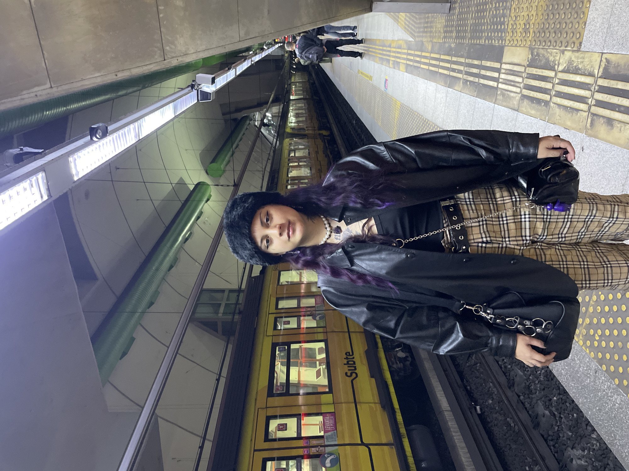 A photograph captures a young woman with dark hair dyed purple at the ends and wearing a black furry hat, a black leather jacket, and checkered pants, standing on a subway platform. She is holding a black purse in her right hand. Behind her is a yellow subway car with "Subte" printed on the side. The subway platform has yellow tactile paving for the visually impaired. In the background, other people are waiting on the platform. The picture appears to be taken at a subway station in Buenos Aires, Argentina. Overhead, there are fluorescent lights and green piping.