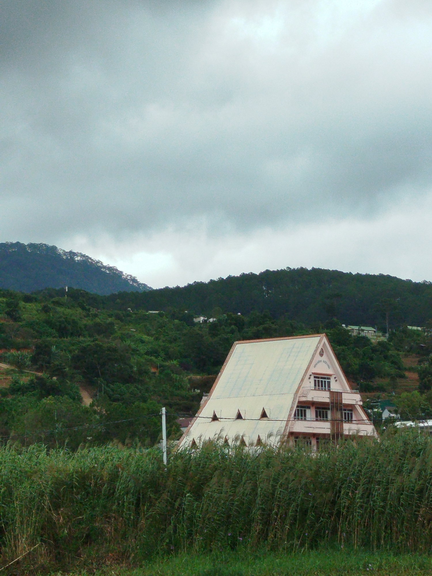 A triangular building with a light-colored roof is situated in a landscape of rolling green hills under a cloudy sky. The building has multiple windows and balconies. In the foreground, tall, green reeds and grass obscure the lower portion of the building. The background features a densely forested hillside, with the peaks of distant mountains visible against the overcast sky. The overall scene suggests a slightly overcast day in a rural or semi-rural setting. This building is likely the Da Lat University building in K'Long, Vietnam, known for its distinctive triangular architecture.