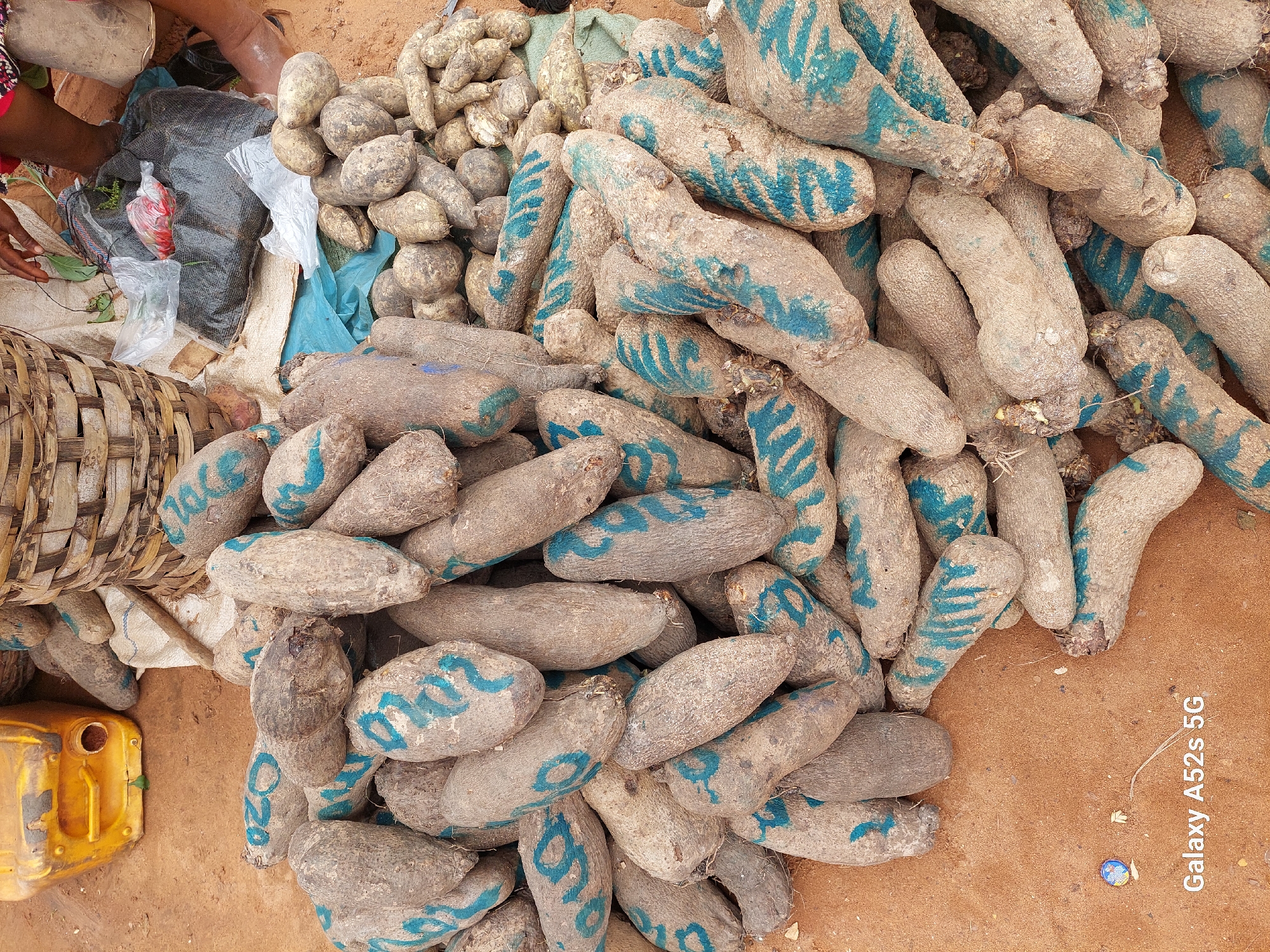 The image depicts a market scene in Awkuzu, Nigeria, with a large pile of yams in the foreground. The yams are of varying sizes and shapes, and many of them have blue markings on them, possibly indicating quantity or origin. Some yams are labeled with what appears to be "020". In the background, there is a yellow jerrycan, a woven basket filled with produce, and a dark bag containing items. The ground is sandy, typical of market environments in the region. Two pairs of legs are visible in the upper right corner, suggesting the presence of vendors or shoppers, though their faces are not shown. The overall impression is one of a bustling local market where agricultural produce is being sold.