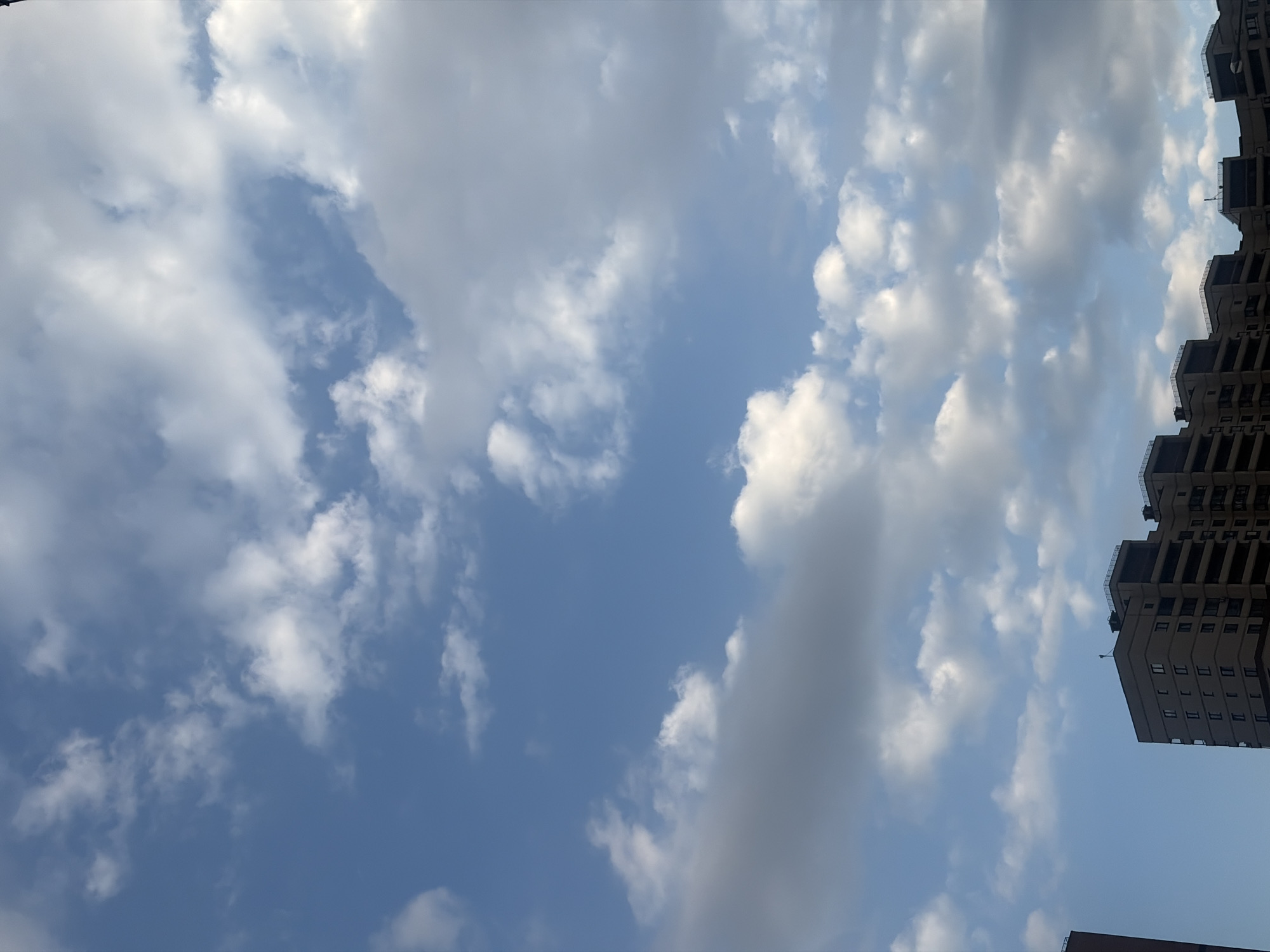 The image captures a daytime scene dominated by a vast blue sky filled with white and light grey clouds, with parts of buildings visible on the right side. The sky is bright and clear in many areas, allowing the blue to show through, while fluffy cumulus clouds are scattered across the frame, varying in density and shape.
On the right side of the image, the upper portion of a multi-story building is prominently featured. This building has a modern, somewhat stepped or terraced architectural design, characterized by multiple windows and what appear to be balconies or recessed sections. A smaller portion of another building is faintly visible in the bottom right corner, suggesting an urban landscape where tall structures are present.
The weather appears fair and sunny, indicated by the brightness of the sky and the clear definition of the clouds, suggesting mid-day or late afternoon. No people are visible in the image, and no specific activity or event is occurring. The scene is a static view looking up at the sky and surrounding architecture. No visible text is present within the frame. The location context provided indicates this scene is in Saint Petersburg, Russia.
