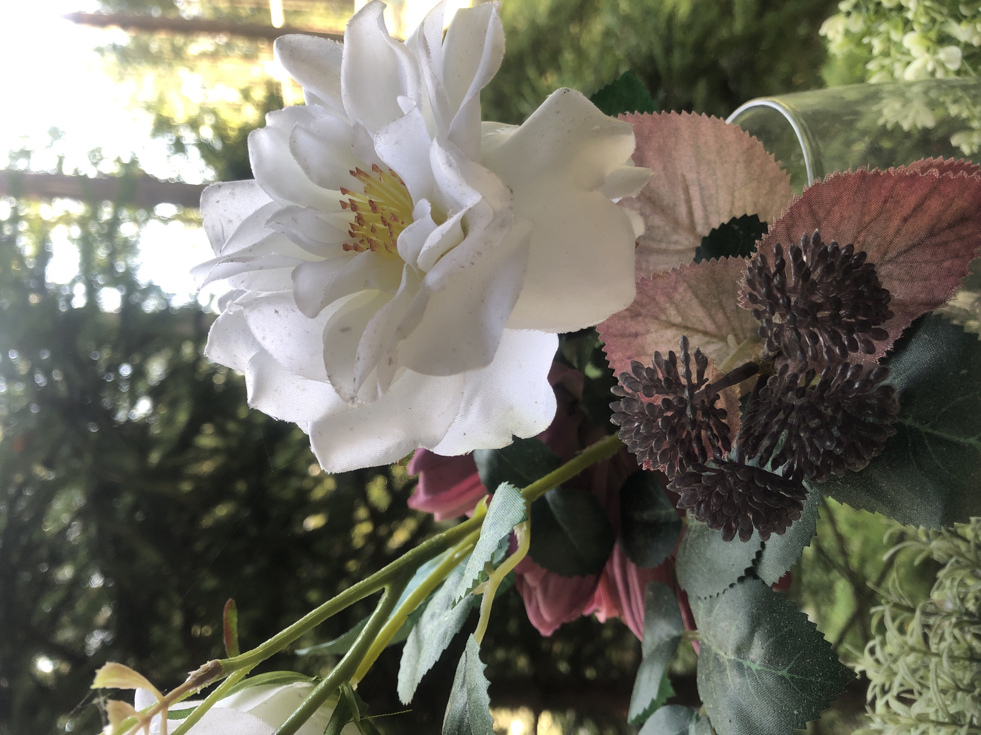 The image shows a close-up of artificial flowers, a white rose, pink roses, and dark brown seed pods, arranged in a clear glass vase. The flowers have a somewhat dusty appearance. In the background, out of focus, is a natural setting with green foliage and sunlight filtering through trees, suggesting an outdoor environment. The scene does not provide any specific information about the city of Arfa, Russia, or any people.