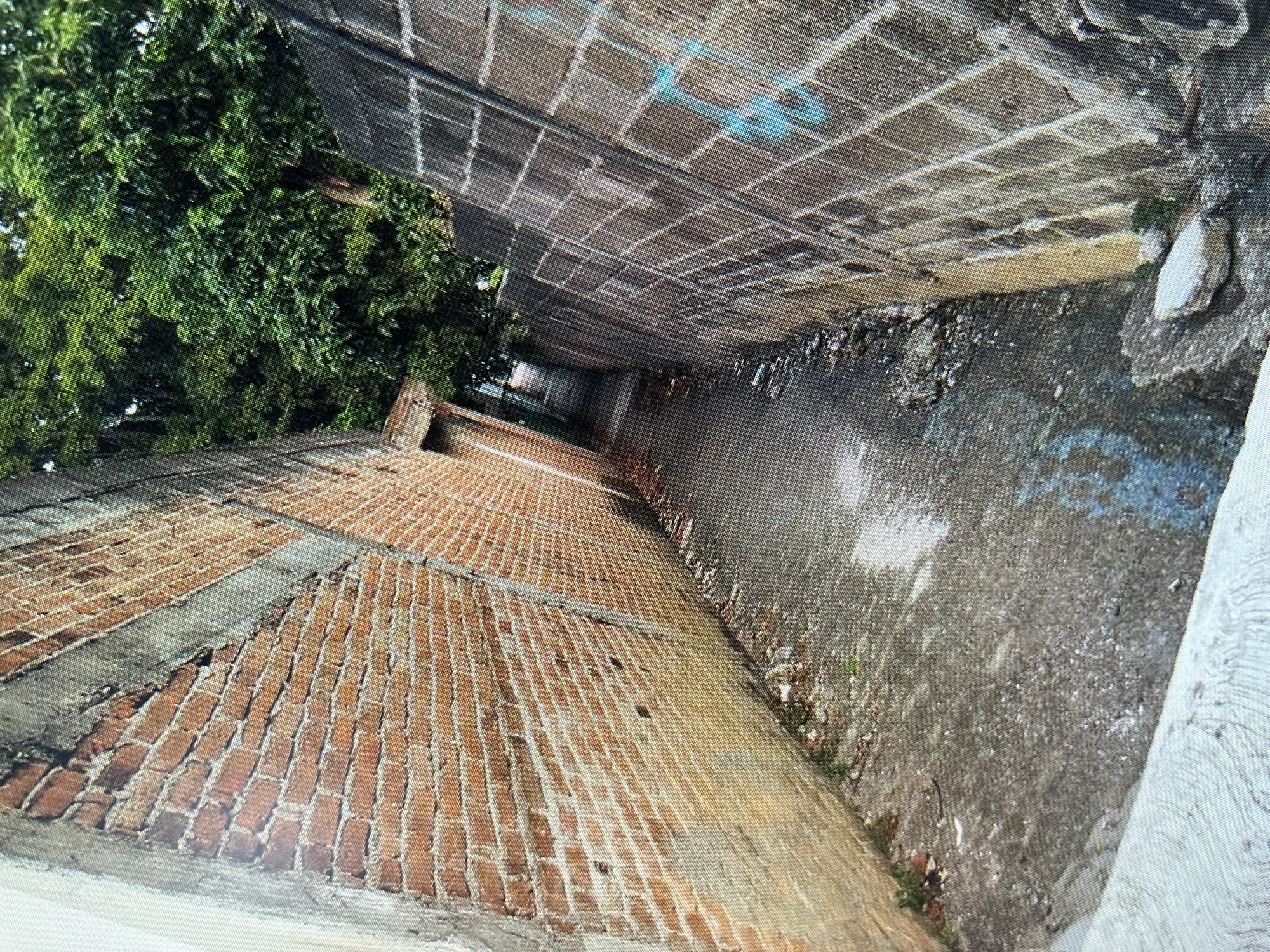 The image shows a narrow alleyway flanked by brick and concrete walls. The brick wall on the left is weathered, with exposed mortar and some damage. The concrete wall on the right has some graffiti. Lush green trees overhang the alley from above. The ground of the alley appears to be paved with concrete or asphalt and is littered with debris. The alley recedes into the distance, suggesting a passage through a built-up area. The overall impression is one of an urban, possibly neglected, outdoor space.