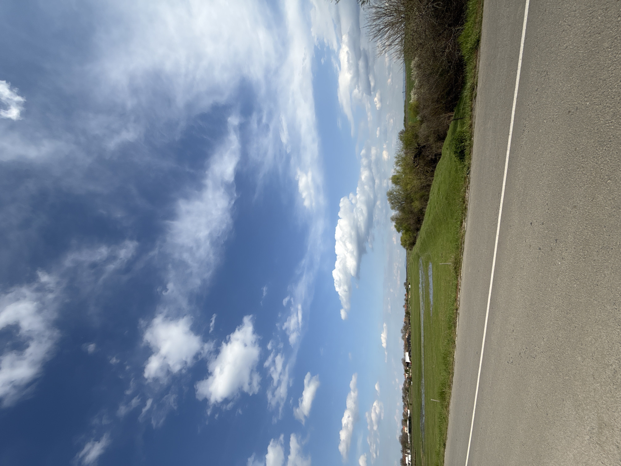 A horizontal, medium shot shows a road in Pshenichevo, Bulgaria, next to a field. The road has a white line marking the edge. The field is green, and there are some puddles of water visible. In the distance are houses and trees. The sky is blue with white clouds.