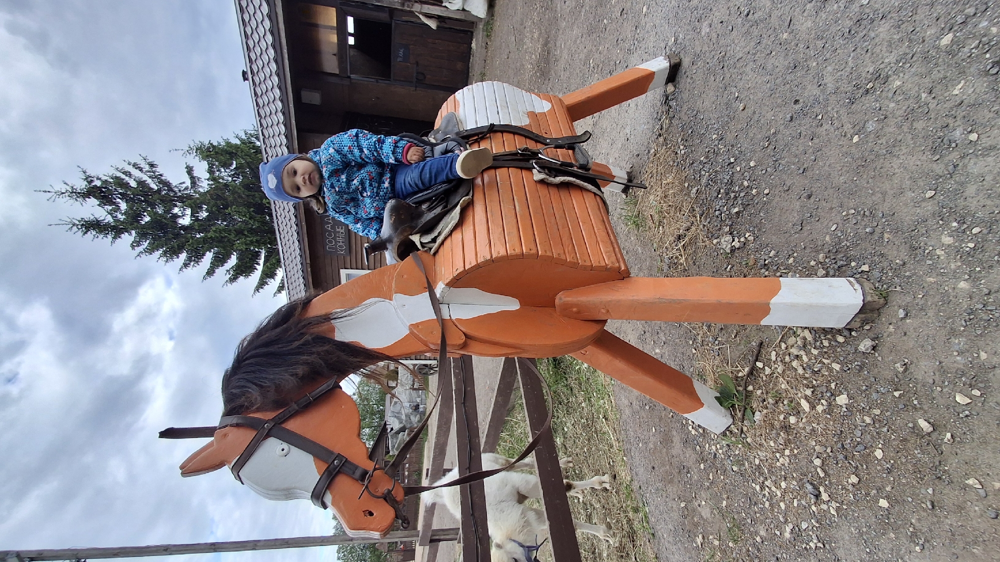 The image shows a young child sitting on a wooden horse figure in Лукаши, Russia. The horse is orange and white and has a saddle and bridle. The child is wearing a blue jacket and hat. The background includes a building, a fence, a tree, and a goat. The ground is covered with gravel.