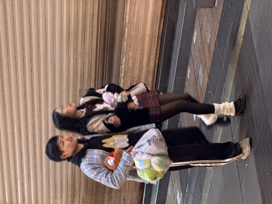 Two individuals are depicted walking on a paved sidewalk in Yuzhong District, China. The background features a closed, light brown corrugated metal rolling security shutter. The male subject on the left wears a black hooded sweatshirt under a light blue and white plaid jacket, black track pants with a white stripe, and light-colored athletic shoes. He holds an orange plush toy in his left arm and a translucent white plastic bag filled with various objects in his left hand. His gaze is directed forward and slightly to the right. The female subject on the right wears glasses, a white collared shirt with a dark bow tie, a beige jacket layered under a dark hooded jacket, a red plaid mini-skirt, dark opaque tights, black platform shoes, and cream-colored leg warmers. She holds a pink and white plush toy in her right arm, and her left arm is linked with the male's right arm. Her gaze is directed upwards and to the right. The sidewalk consists of square paving stones of varying shades, with a dark curb visible below, featuring a thin yellow line.