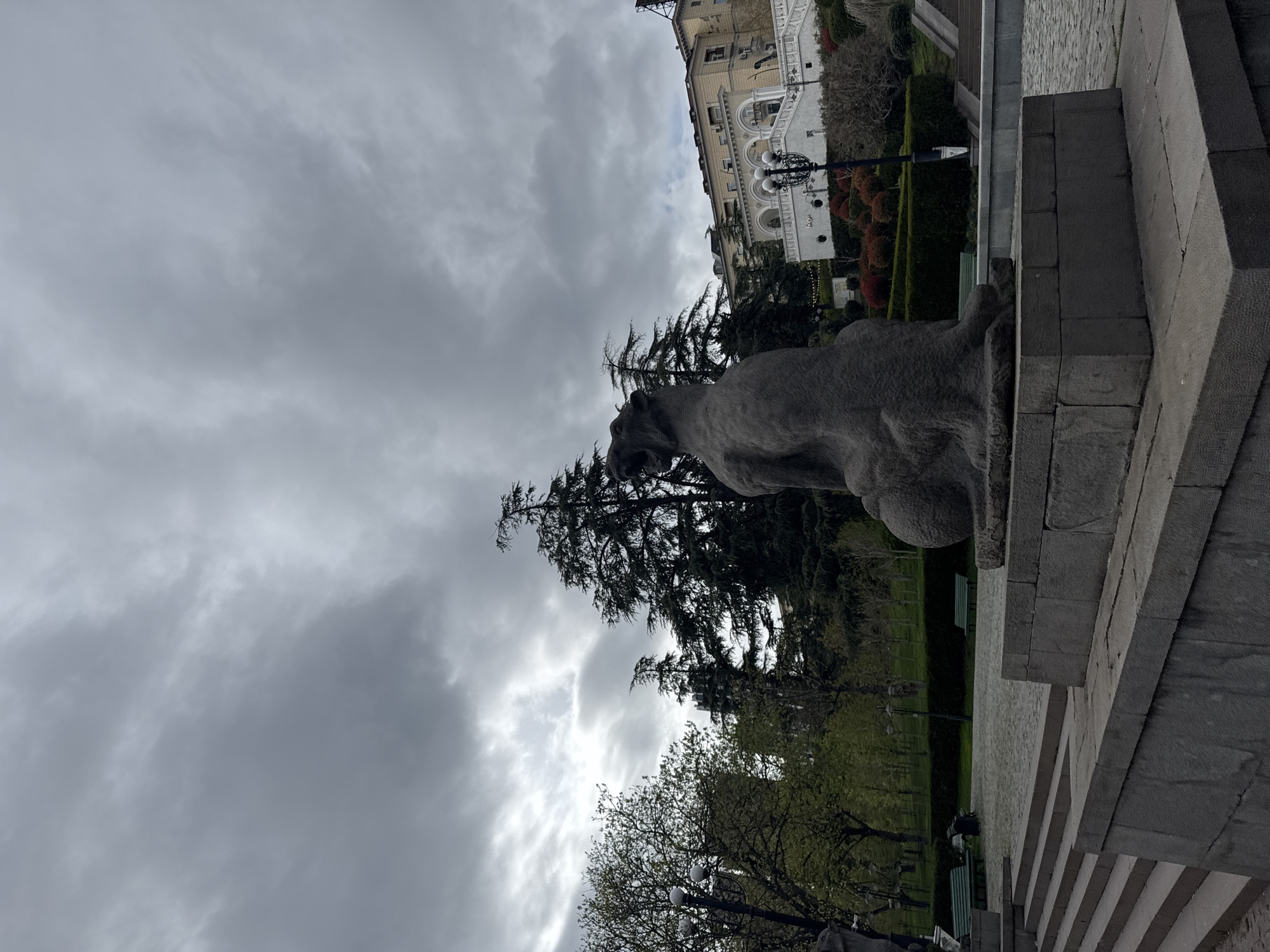 A low-angle shot looking up at a stone lion sculpture and building behind, possibly located in Tbilisi, Georgia. The sculpture, positioned on a stone base, is centrally located. Behind the sculpture is a line of evergreen trees, followed by a large multi-story building. Above, heavy, cloudy skies dominate the view. The building and landscape suggest a park or public space setting.