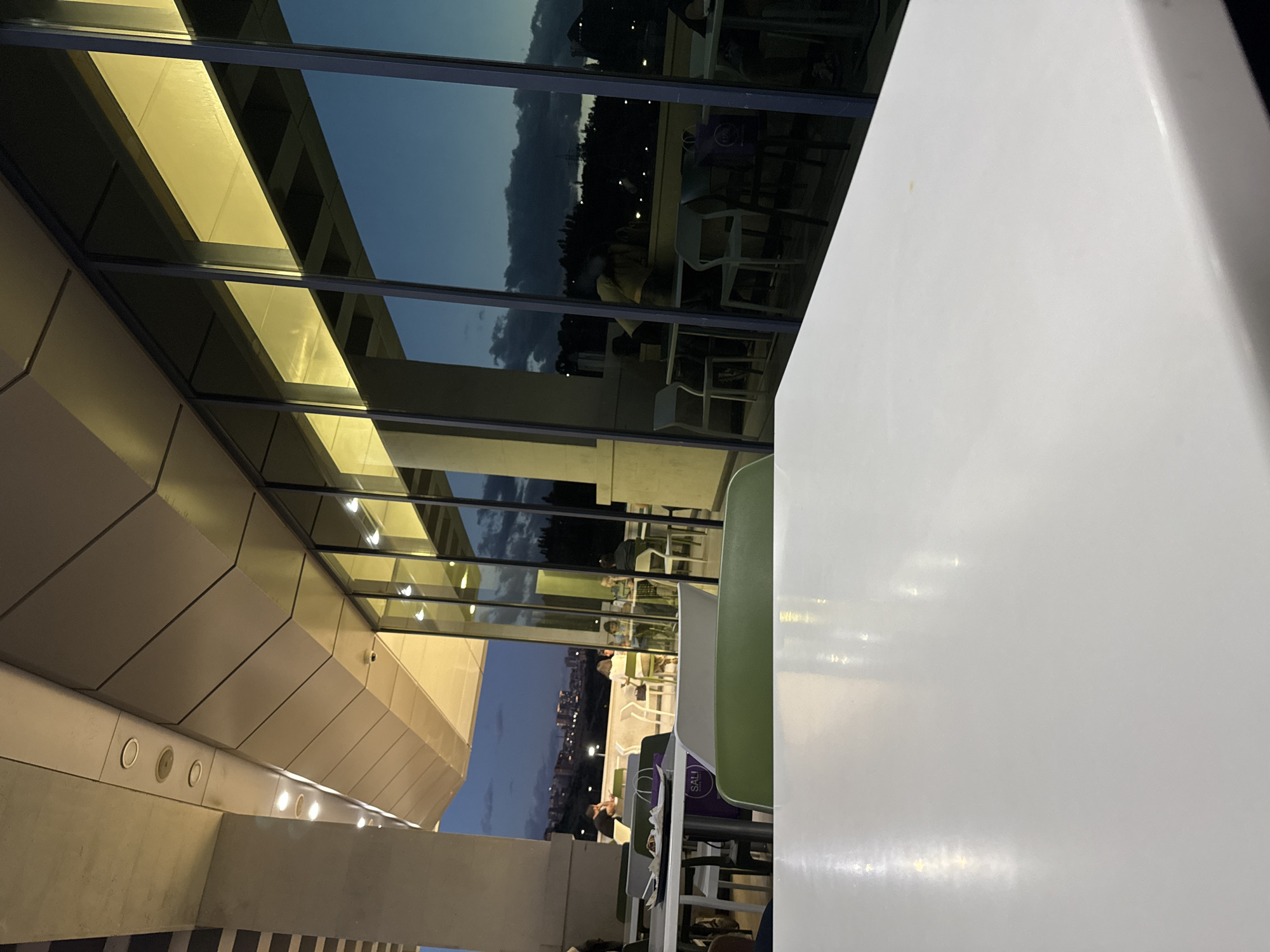 This evening scene captures an outdoor or semi-outdoor dining area adjacent to a modern building in Yerevan, Armenia. The building features large, reflective glass windows and a distinctive angular facade composed of light-colored panels.
The time of day is dusk or early evening, evidenced by the deep blue-grey sky reflected in the windows, the visible clouds, and the numerous artificial lights illuminating the building and the distant city skyline. Inside the building, lights are on, reflecting as elongated yellow streaks in the glass.
In the foreground and mid-ground, several individuals are visible, seated at white and green tables. They appear to be casually socializing or dining. One notable object is a purple shopping bag resting on a table, clearly displaying the white text "SALI". Beyond the outdoor seating area, a sprawling city with countless twinkling lights stretches into the distance, confirming the urban setting of Yerevan.
The reflections in the glass are a prominent detail, simultaneously showing the interior of the building, including lights and some indoor seating, and the exterior environment with the city panorama. The architectural style is contemporary, emphasizing clean lines and geometric forms. The overall atmosphere is serene and urban, suggesting a pleasant evening at a restaurant or lounge with a city view.