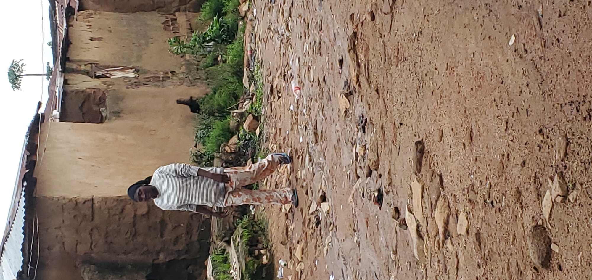 An outdoor, medium shot captures a woman walking across a rough, stone-and-dirt path in what appears to be an informal settlement. The woman, wearing a horizontally striped long-sleeved shirt and patterned trousers, walks from left to right, looking down. A black headscarf covers her hair. She wears open-toed sandals. The environment is somewhat unkempt, with scattered debris, including plastic bottles, on the ground. In the background, a simple building with a corrugated metal roof and mud walls is visible. Green vegetation grows around the building, and a tall, slender tree stands to the right of the structure. The ground is uneven and appears damp in places, suggesting recent rain.