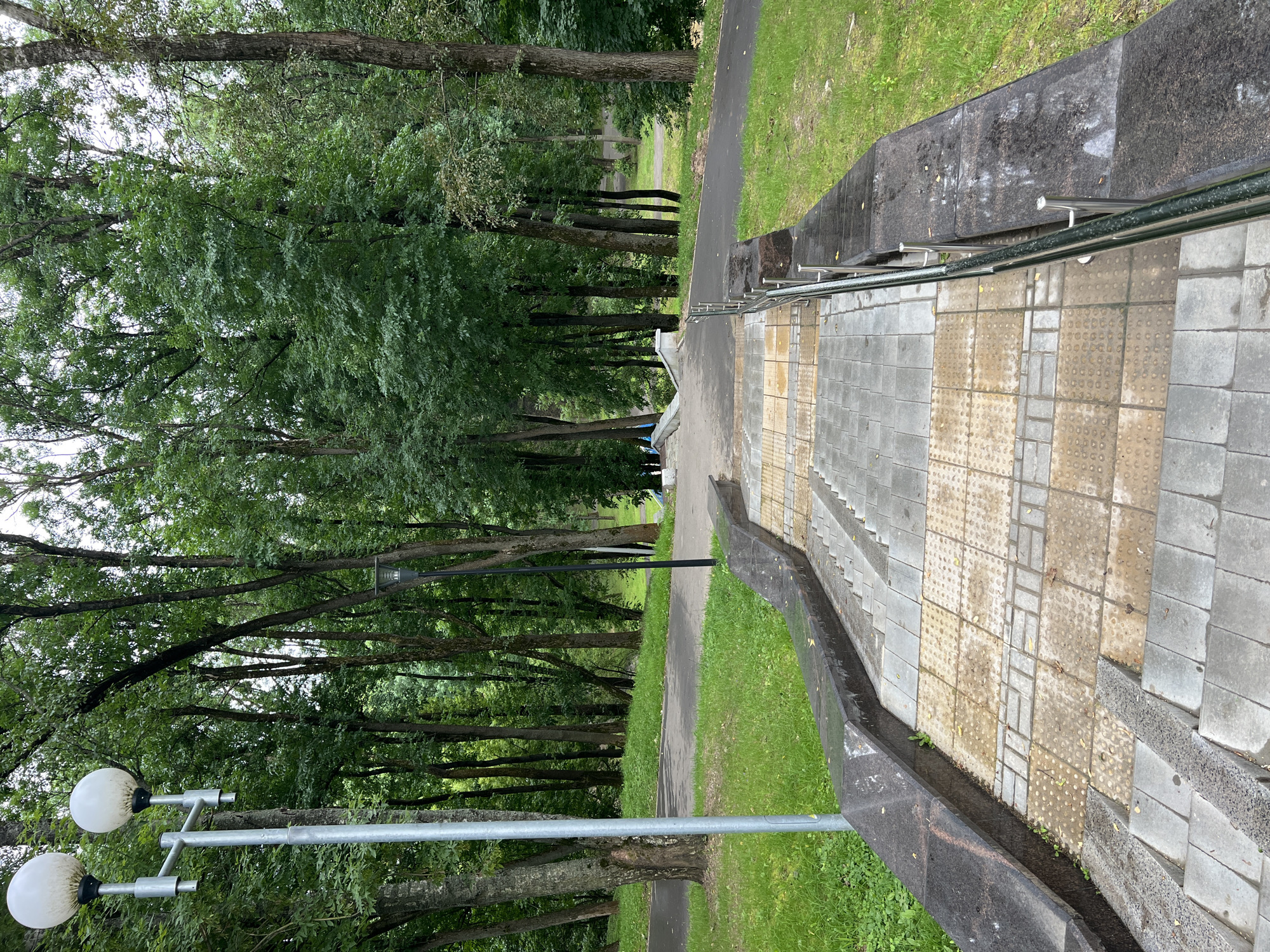 A downward view of a wide outdoor staircase in a park setting. The staircase is constructed with granite and gray paving stones, featuring tactile paving indicators for accessibility. A metal handrail runs along the right side of the stairs. The staircase leads down to a paved path winding through a densely wooded area with tall, mature trees and green grass. A lamppost with two spherical lights is visible on the left side of the frame, near the top of the stairs. Another dark-colored lamppost is situated further down the path in the trees. The ground appears damp, suggesting recent rain. There are no people visible in the image. The scene depicts a public park in Vitsebsk, Belarus.