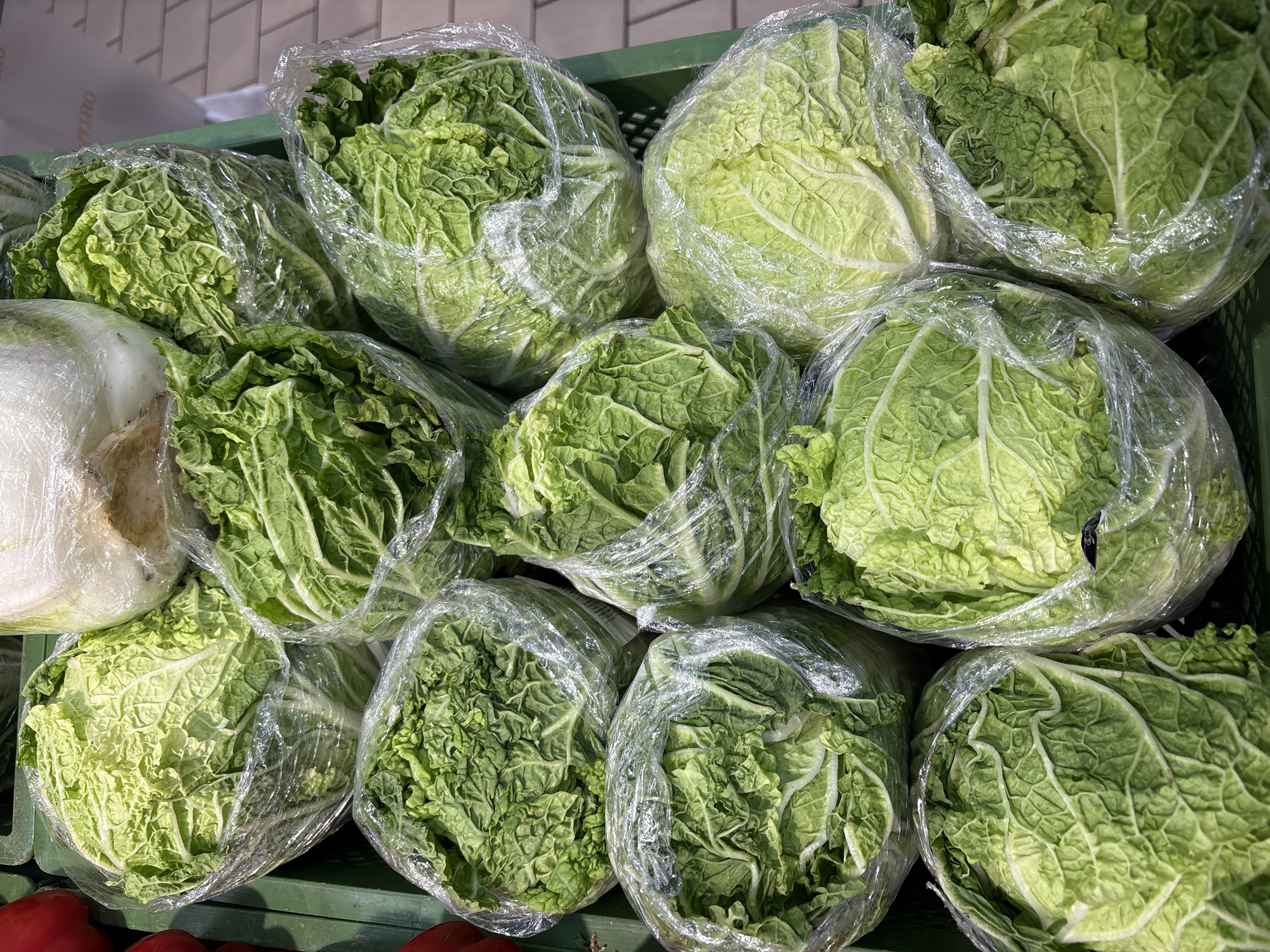 The image shows a green crate filled with heads of Napa cabbage, most of which are individually wrapped in clear plastic. The cabbages vary in color, from light green to darker green, and in texture, from smooth leaves to crinkled leaves. At the bottom of the crate, a few red peppers are visible. A portion of the background reveals what appear to be light-colored floor tiles. Although the location is presumed to be in Minsk, Belarus, based on the prompt, there is no definitive evidence of the city or country present in the image.