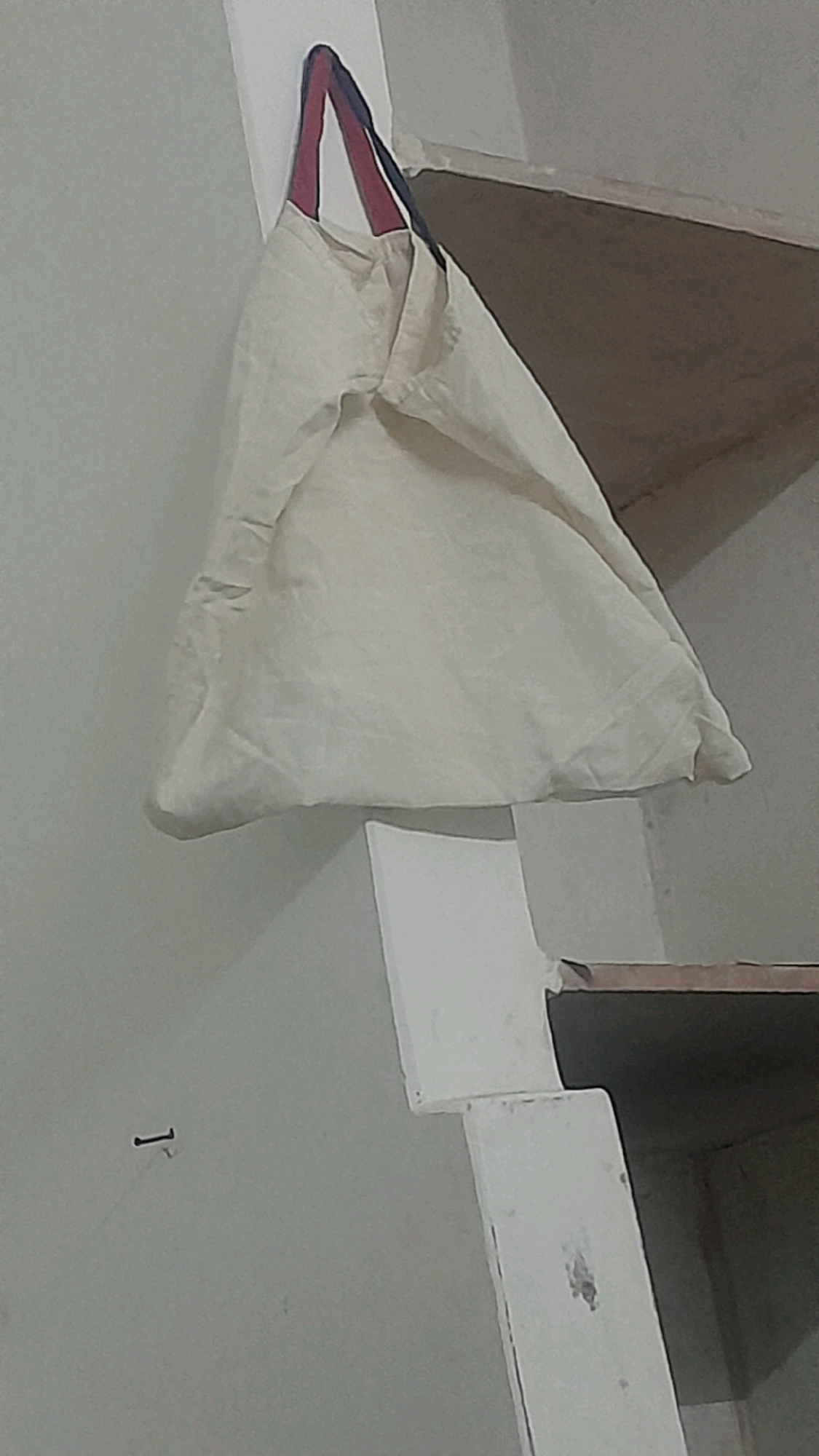 A close-up, low-angle shot shows a light-colored canvas bag with red and blue straps hanging from a hook on a plain, light gray wall. The bag is large and appears empty, with its bottom resting on a white structural element that forms a step or shelf. To the right of the bag, a brown wooden shelf is visible, set back and partially obscured. Below the bag, another white structural element, similar to the one above, continues downwards. The overall environment suggests an interior space, possibly a storage area or a simple room, with no discernible city-specific features from Agra, India. The lighting is dim, casting soft shadows. A small, dark object, possibly a nail or tack, is visible on the wall to the left of the bag.