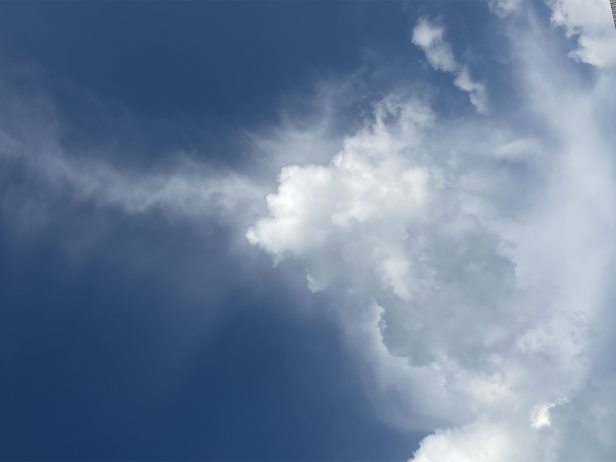 The image displays a vast expanse of a clear, deep blue sky. A prominent, towering cumulus cloud dominates the center of the frame, its white, fluffy mass reaching upwards. Wispy cirrus clouds stretch diagonally across the upper right portion of the sky, appearing more delicate and feathery. A thin, vertical plume of white cloud extends from the top of the cumulus cloud, tapering off into the blue. The lighting suggests a bright day, with the sun illuminating the clouds from above and to the left, casting soft shadows within their folds. No people, objects, or structures are visible within the sky itself. The scene depicts a natural sky formation in an outdoor environment, with no discernible urban or specific geographical features.