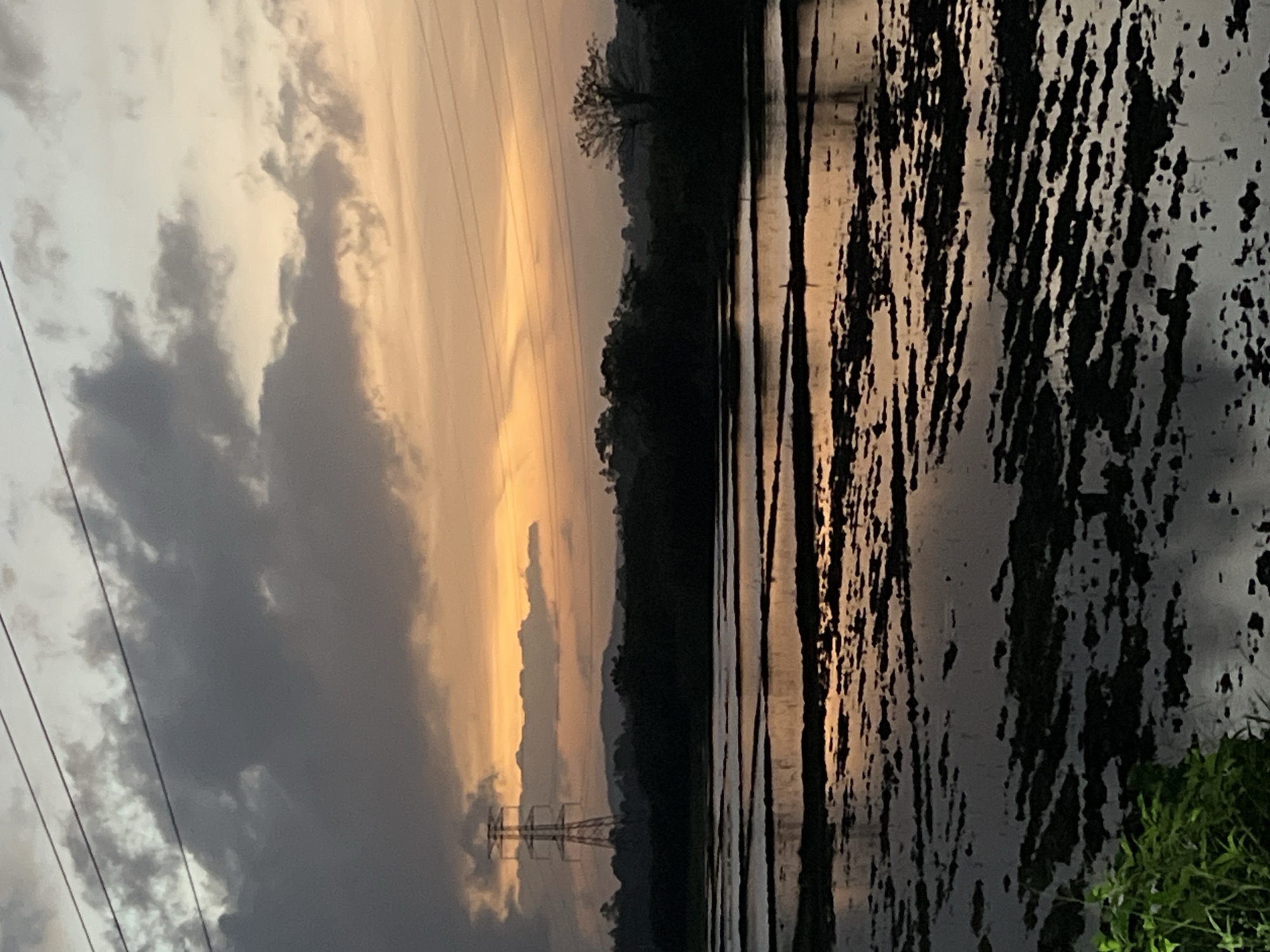 This image captures a serene rural landscape in Waduborella, Sri Lanka, during a sunset. The sky is a dramatic canvas of muted oranges, yellows, and grays, with heavy clouds dominating the upper portion. A tall, lattice-like electrical transmission tower stands prominently against the horizon on the left, silhouetted by the warm glow of the setting sun.
Below the sky, a dense band of dark trees forms a natural border between the sky and the foreground. The trees are lush and varied, creating a textured, dark silhouette. In the distance, soft, undulating hills are visible, adding depth to the scene.
The foreground is dominated by a flooded paddy field, reflecting the colors of the sky and the dark landscape. The water is shallow, revealing the patterns of the tilled earth beneath, which appear as dark, raised rows. The reflections in the water are slightly distorted, creating a shimmering, abstract quality. A small amount of vibrant green foliage is visible in the lower left corner, adding a touch of life to the otherwise muted palette. The scene is devoid of human presence, emphasizing the tranquility of the natural environment. The overall impression is one of quiet beauty and the peaceful transition from day to night in a rural Sri Lankan setting.