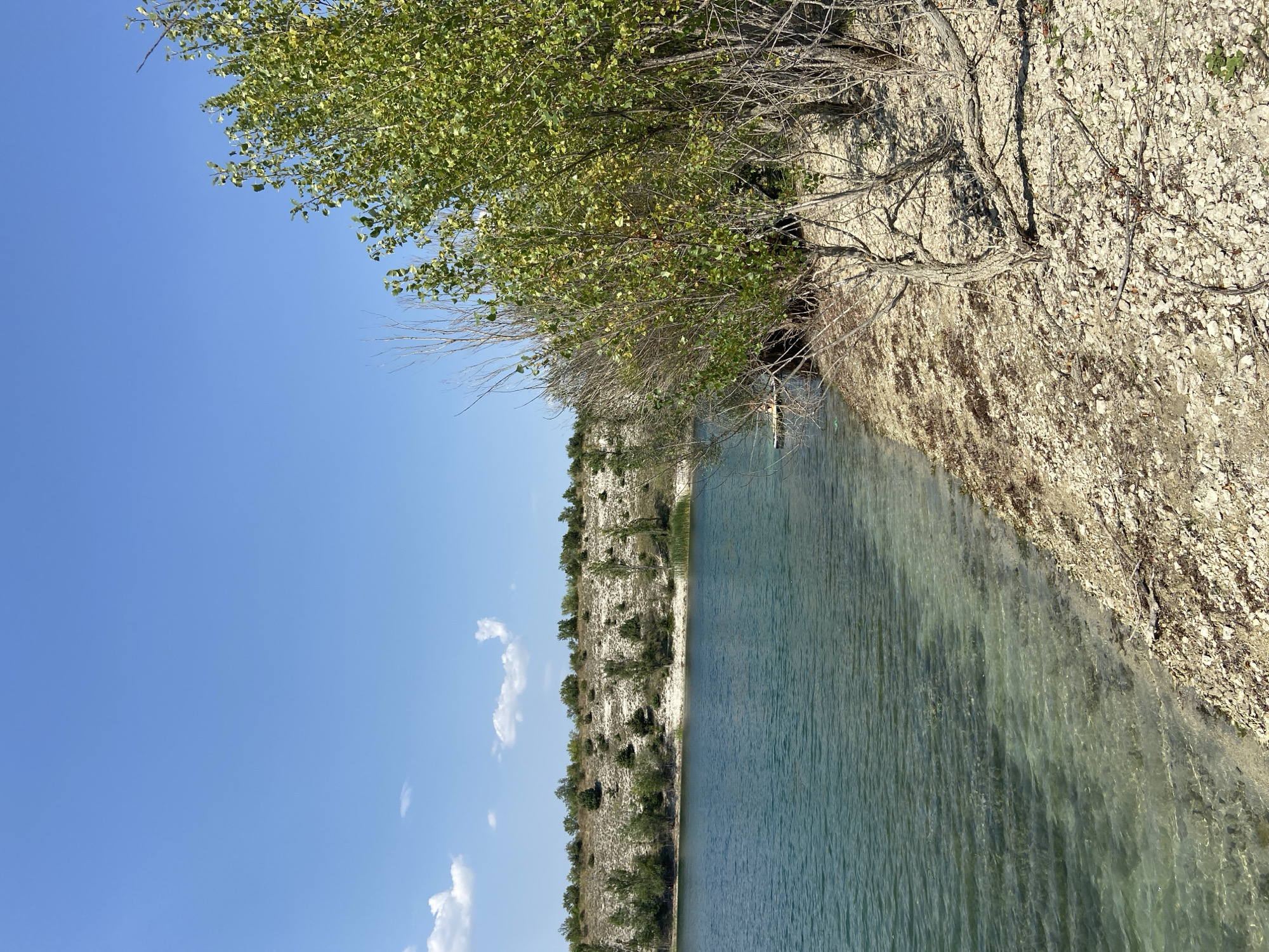 The image depicts a serene, sunlit scene of a quarry lake in Куйбышевское сельское поселение, Ukraine. The foreground is dominated by a rocky, sandy shore, scattered with small stones and dried twigs. Lush green trees with thin branches and sparse leaves grow along the edge of the shore, their foliage partially obscuring the view of the water. The lake itself is a striking shade of turquoise, its clear waters revealing the pebbled bottom near the shore. In the distance, across the lake, a gentle, sandy embankment rises, sparsely covered with low-lying green shrubs and occasional taller trees. The sky above is a vibrant, clear blue, punctuated by a few wispy white clouds. A portion of what appears to be a person on a small floating device is visible in the water on the left side of the image.