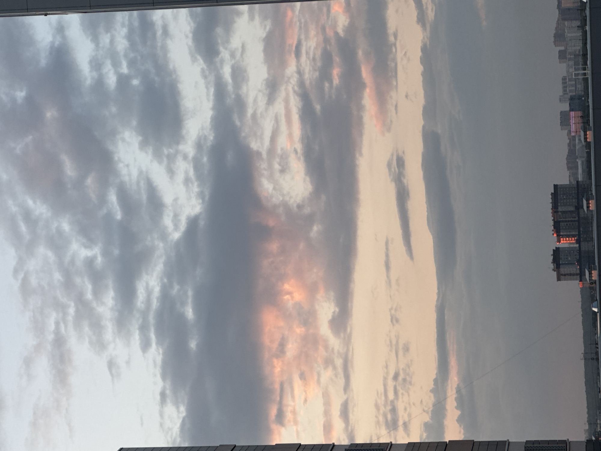 The image shows a cloudy sky at dusk over a city. Two tall buildings are visible on the left side of the frame, partially obscuring the view of the sky. The clouds are a mix of gray and pink, indicating the presence of soft light from the setting sun. In the distance, a city skyline is visible with several buildings. The overall impression is of an urban landscape at the end of the day. The location is identified as Novosibirsk, Russia, though no specific landmarks are clearly identifiable from the image to pinpoint a precise area within the city. There are no people or animals visible in the image.