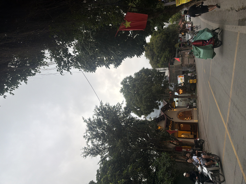 The image depicts a street scene in Nam Hoa Lư Ward, Vietnam, under an overcast sky. A two-lane asphalt road with faded yellow double solid lines and edge markings runs through the center. On the left, a silver motorbike carries two males, the driver in a grey t-shirt and shorts, and the passenger in a white t-shirt. Behind them, a darker motorbike has a single male rider in a black jacket and cap. Further left, a distinctive building features an arched, illuminated entrance, wooden elements, and a brown tiled roof, with other structures and dense trees in the background. On the right, a red Vietnamese flag with a yellow star is affixed to a tree. Down the road, a motorbike, with "BOSS" partially visible on its side, is heavily loaded with green tarpaulin-wrapped bundles and red crates, proceeding away from the viewer. A male pedestrian in a dark t-shirt and shorts walks on the sidewalk, also moving away. Additional vehicles, including cars and a bicycle, are visible further in the distance, and buildings with various commercial signs line the treelined street.