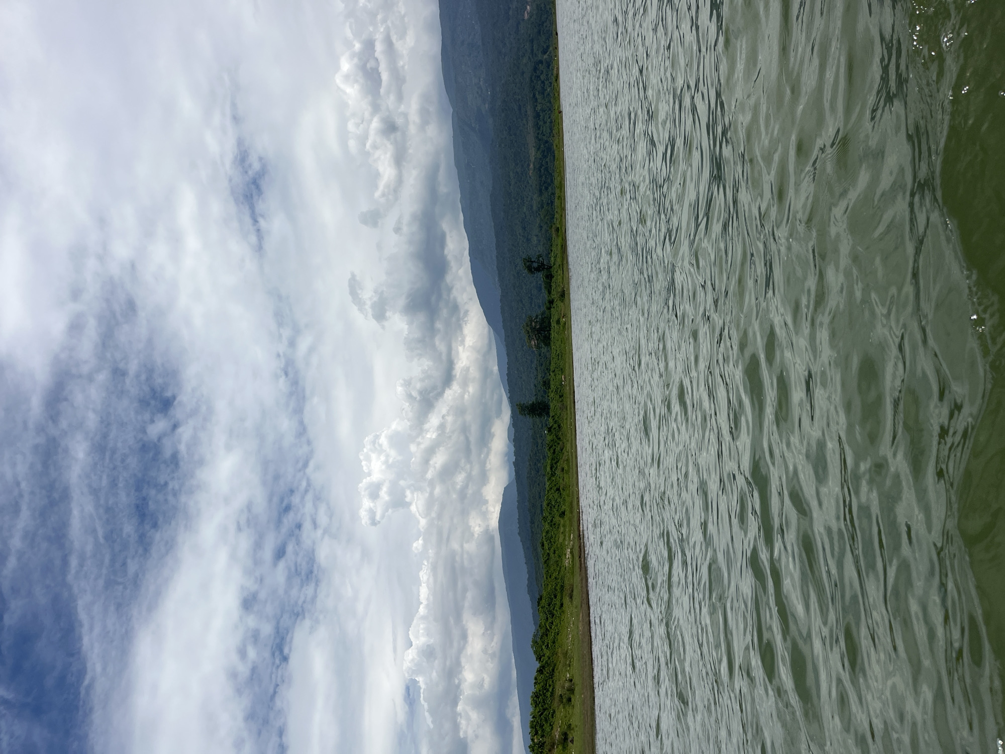 The image depicts a serene natural landscape, likely a reservoir or large body of water, with rolling hills and lush greenery in the background. The water in the foreground is a deep green, with ripples suggesting a gentle breeze. The shoreline is lined with trees and vegetation, leading up to a range of layered mountains. The sky is partly cloudy, with dramatic white cumulus clouds interspersed with patches of blue. The overall impression is one of a tranquil, undeveloped natural environment. The location is identified as Majai, India. There are no people, animals, or man-made structures visible in the image.