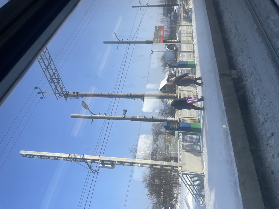 The image depicts a snowy winter scene at a railway station platform in Elektrougli, Russia, viewed from inside a train or railway carriage. The sky is clear and blue.
On the snow-covered platform, two individuals are walking from left to right. The person on the left wears a dark winter coat and a light-colored hat, carrying a purple bag in their left hand. The person on the right wears a brown or tan winter coat.
Along the platform, several tall utility poles support overhead electrical lines (catenary system) and streetlights. A brown sign with white text, partially obscured, reads "ЭТ УГЛИ" (Elektrougli) and displays "33 мин" (33 minutes). Two blue and green ticket machines or information kiosks are present on the platform. A metal fence borders the platform, beyond which a snow-covered staircase descends into a lower area.
In the background, snow covers dormant trees and the roofs of distant single-story buildings, indicating a cold, bright day. Train tracks are partially visible in the bottom right foreground.