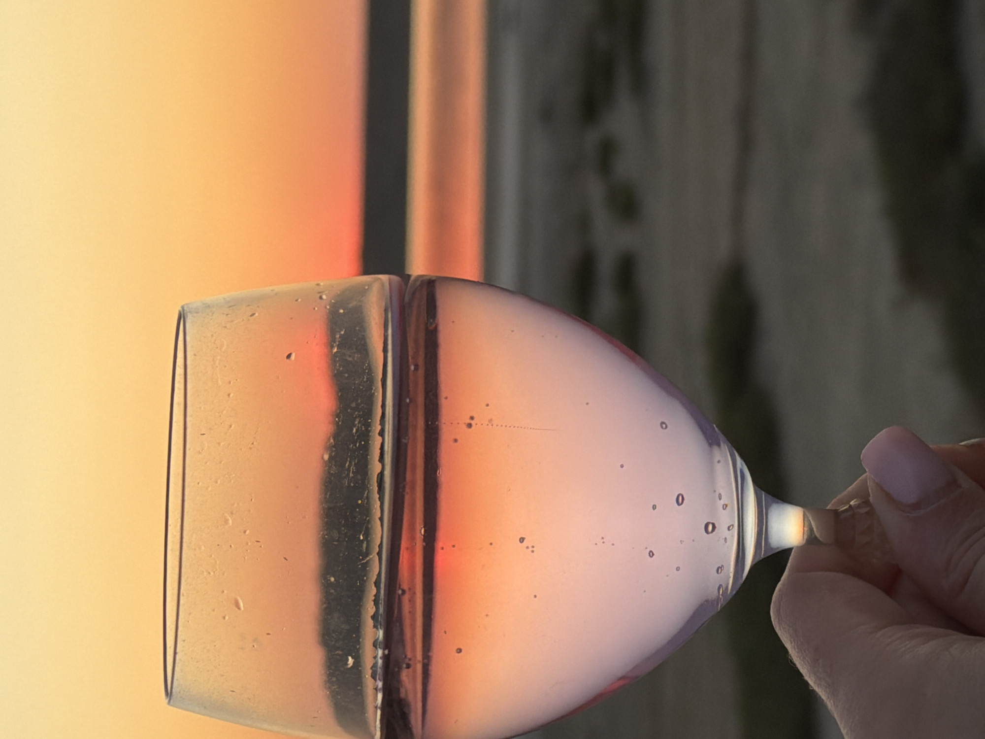 A close-up shot captures a hand holding a wine glass filled with a pale pink liquid against the backdrop of a sunset over a body of water. The glass is partially filled, with condensation visible on its exterior. The sunset paints the sky in hues of orange and yellow, reflecting on the surface of the water. The background shows a blurry shoreline with sparse vegetation. The image does not contain any identifiable landmarks or clues to suggest the location is the city of Odesa, Ukraine.