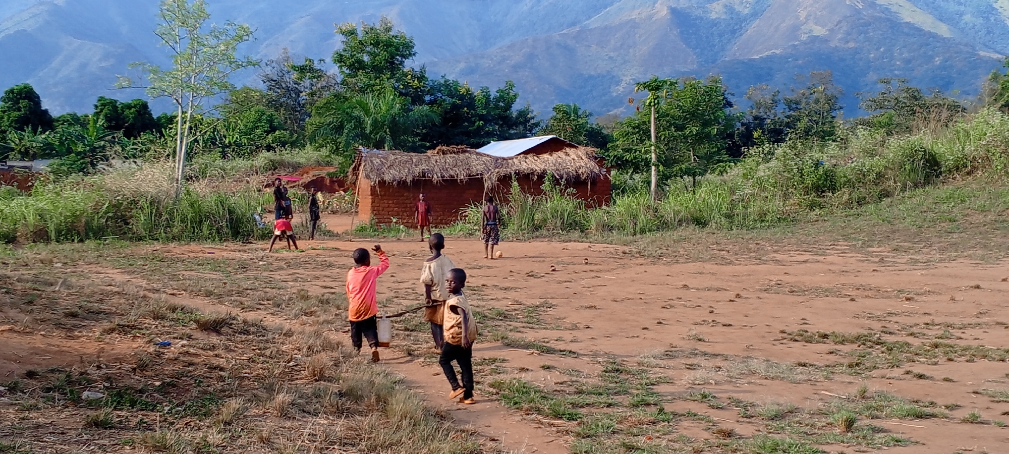 This media file captures a vibrant outdoor scene in Ngalula, Democratic Republic of the Congo, featuring several children in a rural village setting. The foreground and midground consist of a large, open dirt area with sparse patches of green grass and vegetation. In the background, majestic, hazy blue mountains rise under a clear sky, indicative of daytime.
Numerous children are spread across the dirt clearing. To the left, a group of children, including one in red shorts, are engaged in activity near lush greenery. Further back, two simple huts with mud-brick walls and thatched roofs are visible, one featuring a section with a corrugated metal roof. A child in a red top stands near these huts, while another child, shirtless and wearing patterned shorts, stands further right, next to a small ball on the ground, suggesting a game.
In the mid-foreground, a child wearing a bright orange-pink long-sleeved top and dark trousers carries a white bucket, looking towards the right. Beside them, another child in a light-colored, worn top and dark trousers faces away but has their head turned towards the viewer. Closest to the camera, a child in a dark top and light pants, carrying a light-colored backpack, walks forward.
The scene depicts daily life in a mountainous region, with children playing and moving about in their community. The abundant greenery, simple dwellings, and natural landscape emphasize the rural nature of the location. There is no visible text in the image.
