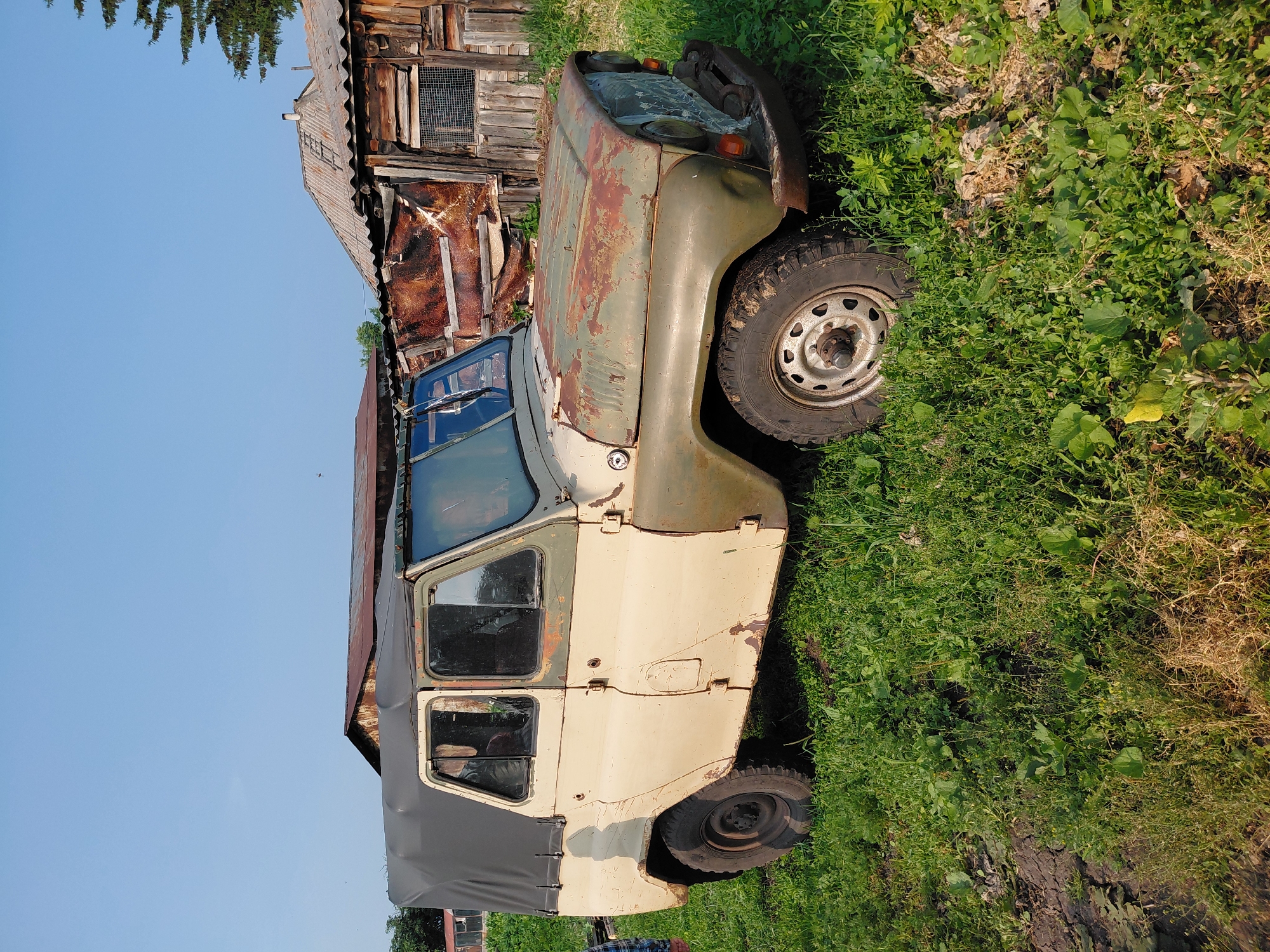 The image shows a weathered, light-colored off-road vehicle parked in a grassy area with overgrown vegetation. The vehicle has a black soft top and appears to be in a state of disrepair, with visible rust and missing parts. In the background, there are several dilapidated wooden structures with corrugated metal roofing, suggesting a rural or abandoned setting. A tall evergreen tree is visible on the right side of the frame, and the sky is clear and blue. The scene is likely located in the village of Novosyolovo, Russia, based on the context provided. There are no people clearly depicted in the image, though a shadow on the side of the vehicle might suggest a person's presence.