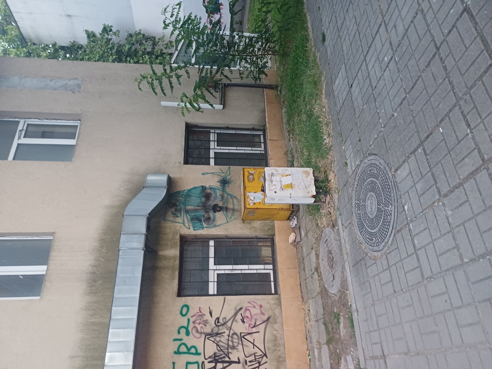 The image depicts the exterior of a building with two windows on the first floor, one on the left and one on the right. The building's facade is a muted beige color and shows signs of weathering and graffiti. A large, silver metal duct runs horizontally across the facade between the windows. Both windows are barred with black metal security grates. The left window has a large amount of graffiti in green, black, and pink spray paint on the wall above and to the left of it. The right window has graffiti of a face with glasses and a hat drawn in blue and green. In front of the right window, there is a yellow metal electrical box and a smaller white utility box. The ground in front of the building is paved with grey rectangular interlocking stones, and there is a circular manhole cover in the foreground. A strip of grass and weeds runs along the base of the building, between the wall and the pavement. The overall scene suggests an urban environment.