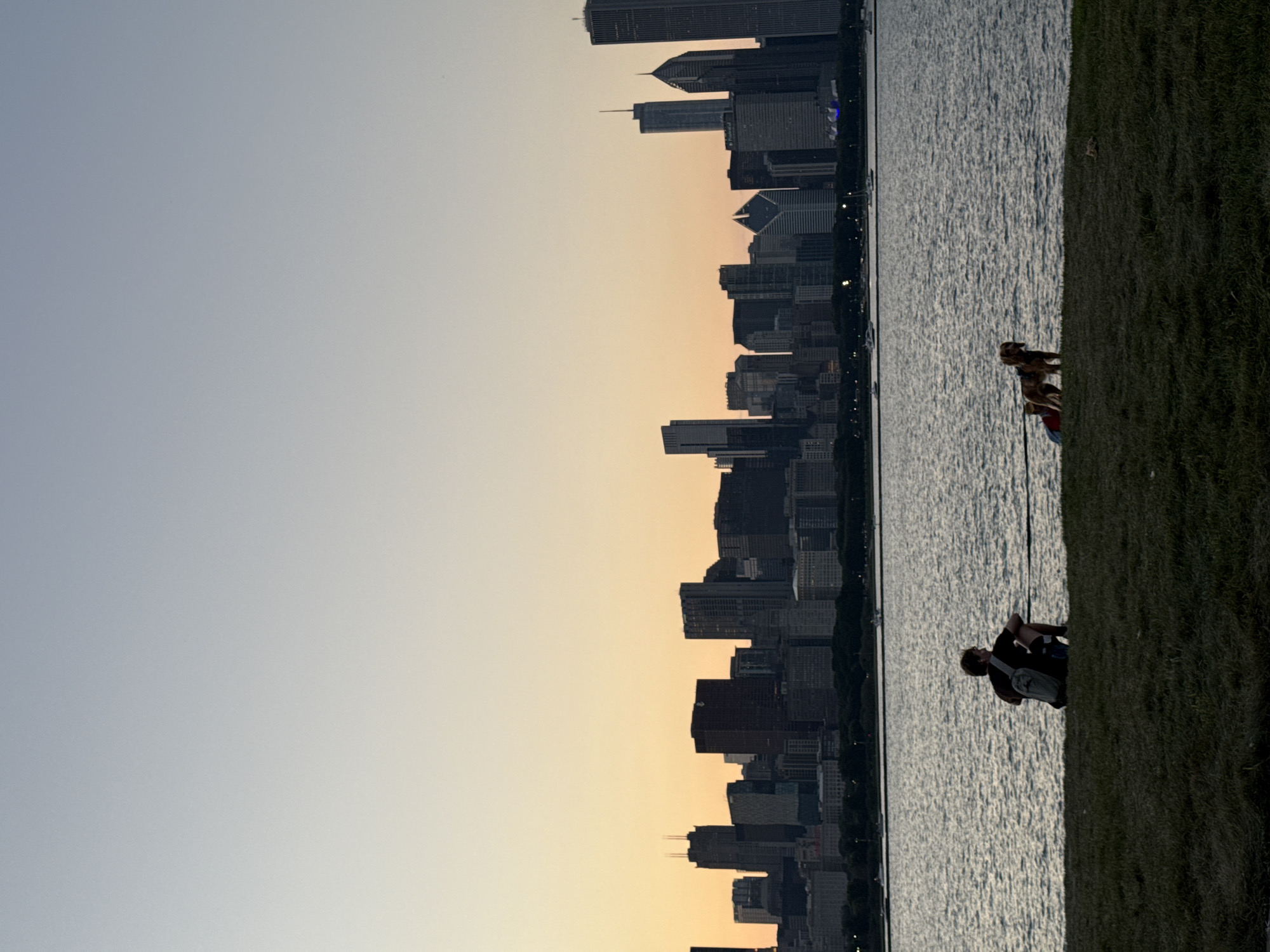 The image depicts a serene sunset scene in Chicago, Illinois, USA, likely from the lakefront. The sky transitions from a pale blue at the top to a warm orange hue near the horizon. A prominent city skyline, featuring numerous skyscrapers of varying heights and architectural styles, forms a dark silhouette against the colorful sky. The cityscape is partially obscured by a band of trees.
In the foreground, a calm body of water, possibly Lake Michigan, reflects the sky and cityscape. The water's surface is textured with ripples, suggesting a gentle breeze. On the grassy shore in front of the water, two subjects are present. To the left, a person with a backpack is seated, facing away from the camera and towards the water. To the right, a medium-sized dog stands on a leash, looking towards the viewer. Behind the dog, another person is partially visible, wearing a red garment. Boats are dotted across the water in the middle ground. The overall atmosphere is tranquil, with the fading light creating a peaceful ambiance.