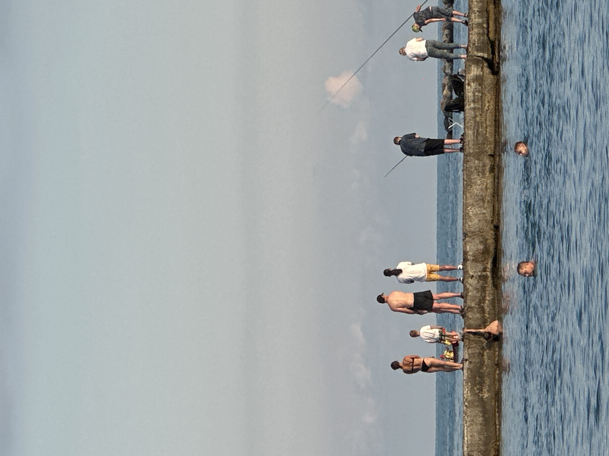 This media file shows a group of people on a concrete pier with the ocean on one side and a cloudy sky on the other. The pier is oriented vertically in the image. On the pier, there are several individuals, some of whom appear to be fishing with long poles. Others are standing and observing the water or engaged in conversation. One person is partially submerged in the water near the pier.
The individuals on the pier are diverse in their attire, ranging from casual shorts and t-shirts to what appears to be swimwear. There's a sense of a relaxed, leisurely atmosphere, possibly a warm day given the clothing choices. The time of day appears to be daytime, suggested by the illumination and the presence of clouds in the sky. The location cues, like the concrete pier structure and the presence of the ocean, along with the provided location context of Sochi, Russia, suggest a seaside setting.
Notable details include the fishing rods extending out over the water, the calm but rippled surface of the ocean, and the overcast sky. The people are spaced out along the pier, some individually and others in small groups. The person in the water has their head visible above the surface. There is no visible text within the image.