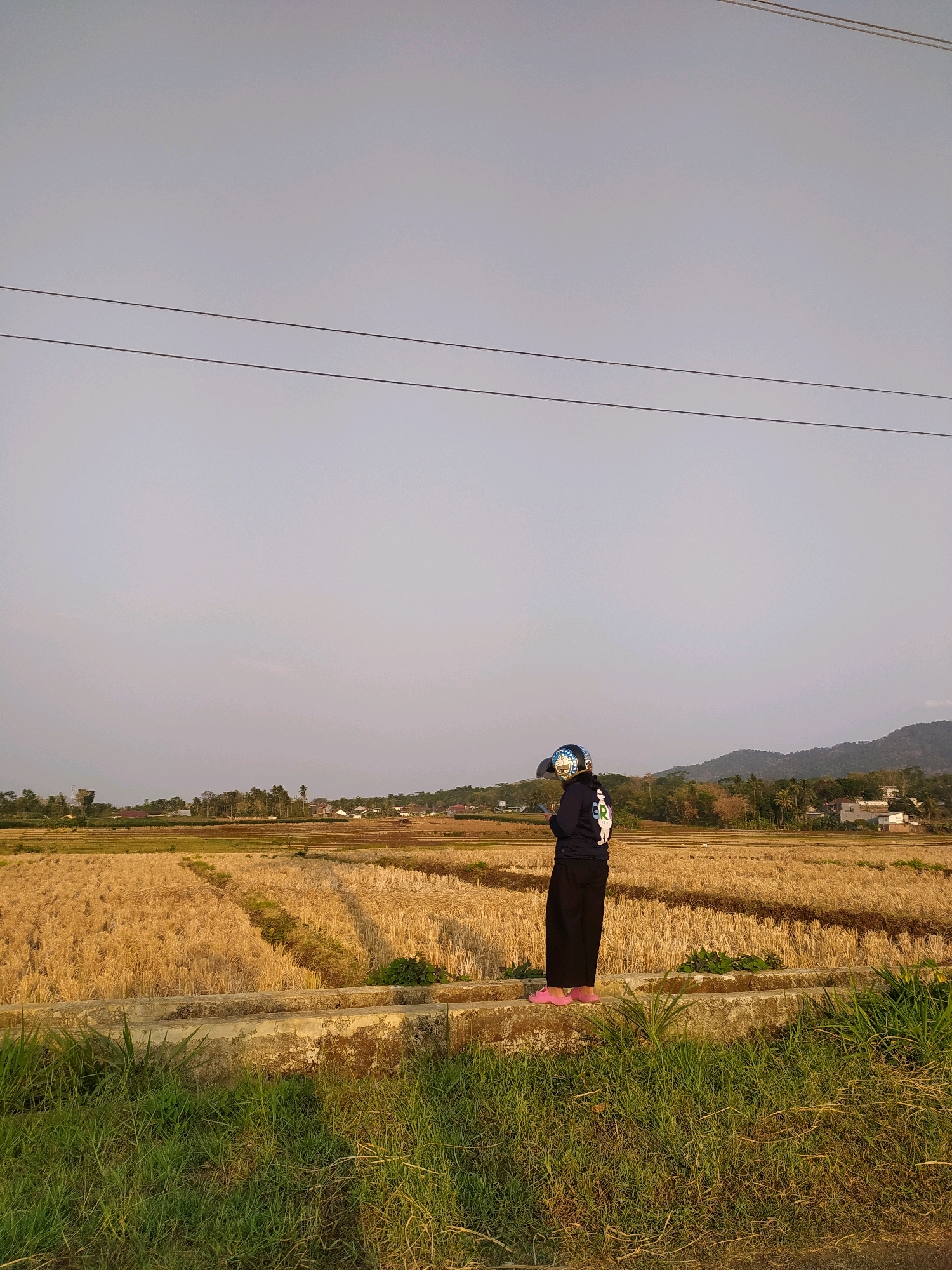 A person stands on a raised concrete walkway, looking out over a vast, golden field of dried rice stalks. The walkway runs along the edge of the field, which appears to have been recently harvested. In the distance, a village is nestled amongst trees and rolling hills, with mountains forming a backdrop under a hazy sky. The overall scene is one of rural tranquility, bathed in the warm light of what appears to be late afternoon. The person is wearing a dark hooded jacket and black pants, with bright pink shoes. They are also wearing a motorcycle helmet adorned with cartoon characters. The environment is natural, with lush green grass growing along the edge of the walkway in the foreground. The location is identified as Dermasari, Indonesia.