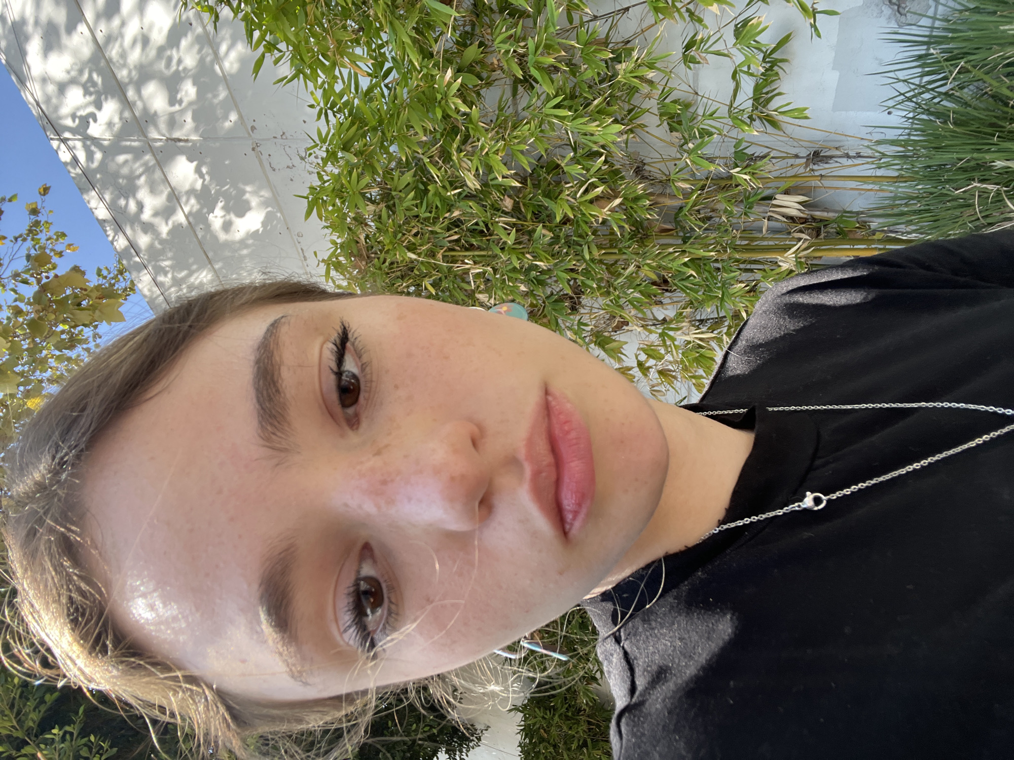 The media file consists of an original portrait-oriented selfie, rotated 90 degrees clockwise, and several cropped sections providing detailed views.
The primary subject is a young person, likely female, captured in a close-up outdoor shot. She has light skin with prominent freckles across her nose and cheeks, brown eyes with dark eyelashes, and natural-looking eyebrows. Her lips are slightly parted, showing a natural pinkish hue with a subtle sheen. Her hair, appearing light brown or blonde, is styled away from her face, with some strands catching the sunlight. She is wearing a simple black crew-neck t-shirt and a thin silver chain necklace with a small, minimalist pendant. A small, light blue or turquoise earring is visible in her right ear. Her expression is neutral and calm.
The background features lush green vegetation, primarily bamboo plants with their distinctive slender leaves and stalks, particularly on the right side of the frame. Other leafy green plants, including some with yellowish-green leaves suggestive of autumn, are visible on the left. Behind the foliage, a light-colored, possibly white, wall or building is visible, casting intricate shadows of leaves, indicating bright sunlight. A clear blue sky is visible in the upper left corner.
The image appears to be taken outdoors in bright daylight, likely midday or early afternoon, given the strong shadows and highlights. The overall atmosphere suggests a pleasant, sunny day. No visible text is present in the image. The setting is consistent with an outdoor environment, possibly a garden or a building exterior in a location like Puebla, Mexico.