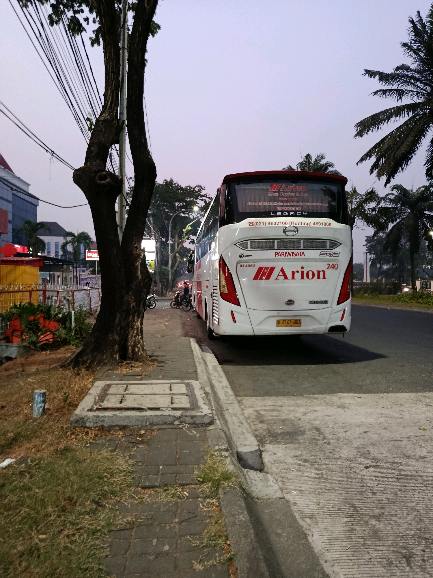 The image depicts the rear of a white Arion tour bus parked on the side of a street in Bekasi, Indonesia, during dusk or early morning. The bus has "PARIWISATA" written on its rear, indicating it is a tourist bus, and the number "240" is visible. The bus also features the Arion logo and text that reads "Mean Comfort & Soft." To the left of the bus is a sidewalk with a tree, some dried grass, and a manhole cover. In the background, a building with a blue facade can be seen, along with palm trees and other vegetation. A motorcycle with a rider is parked on the street near the sidewalk. The sky is overcast and pale.