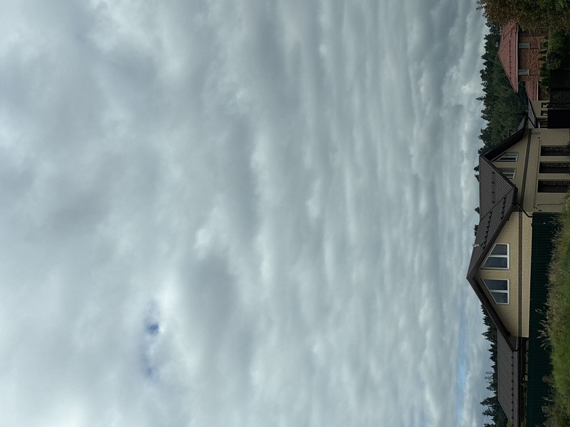 A view of overcast skies above houses and a forest line in Zvenigorod, Russia. The sky is filled with dense, grey clouds with a small patch of blue visible in the upper left. Below the sky, two houses are visible. The house on the left has a light brown brick facade and a dark brown, angular roof with triangular windows. To the right of this house, a red-tiled roof of another house peeks out. A dark green metal fence runs across the foreground, with tall, dry grass in front of it. A dense line of green pine trees forms a backdrop behind the houses.