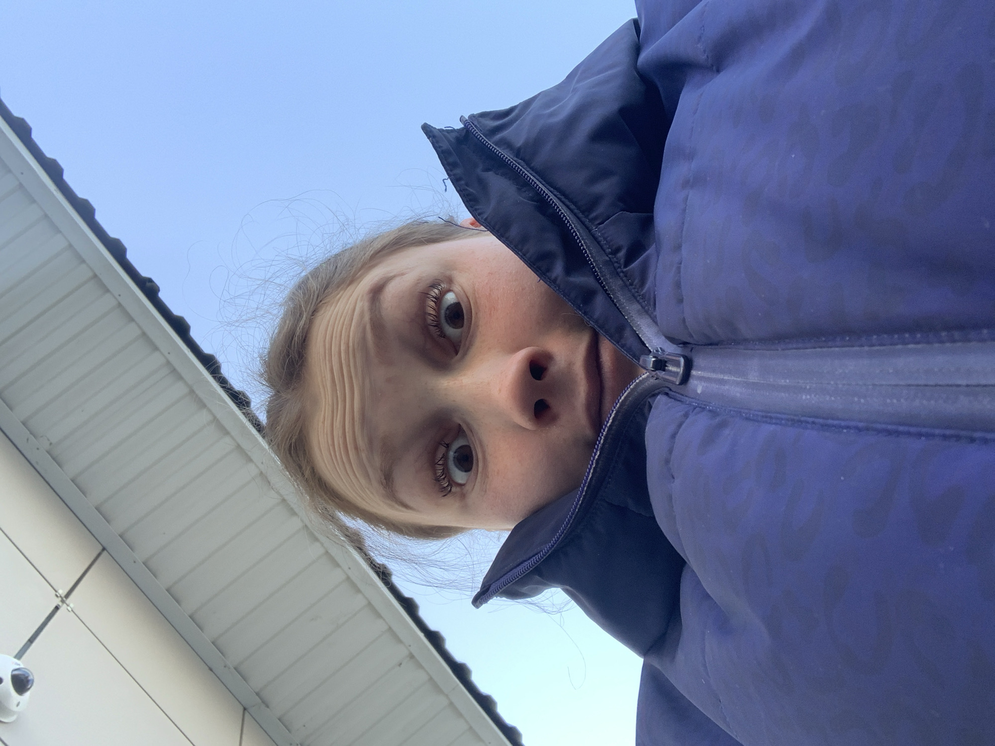 An upward-angled full-frame image depicts a light-skinned individual, identified as a young adult female, filling the lower two-thirds of the frame. Her head is tilted slightly back, with wide-open eyes, raised eyebrows, and a slightly open mouth, conveying a surprised or exaggerated expression. Her forehead displays several horizontal wrinkles. Loose strands of light-colored hair are visible around her face. She is wearing a dark blue, padded puffer jacket with a visible front zipper, the collar pulled up high, framing her face.
Above and behind the subject, in the upper left quadrant, a white dome-style security camera is mounted on a white, horizontally paneled structure, likely an overhang or eaves. Black lines mark the seams of this structure. The remainder of the upper background is dominated by a clear, light blue sky. The scene is located outdoors in the city of Chaikovsky, Russia.