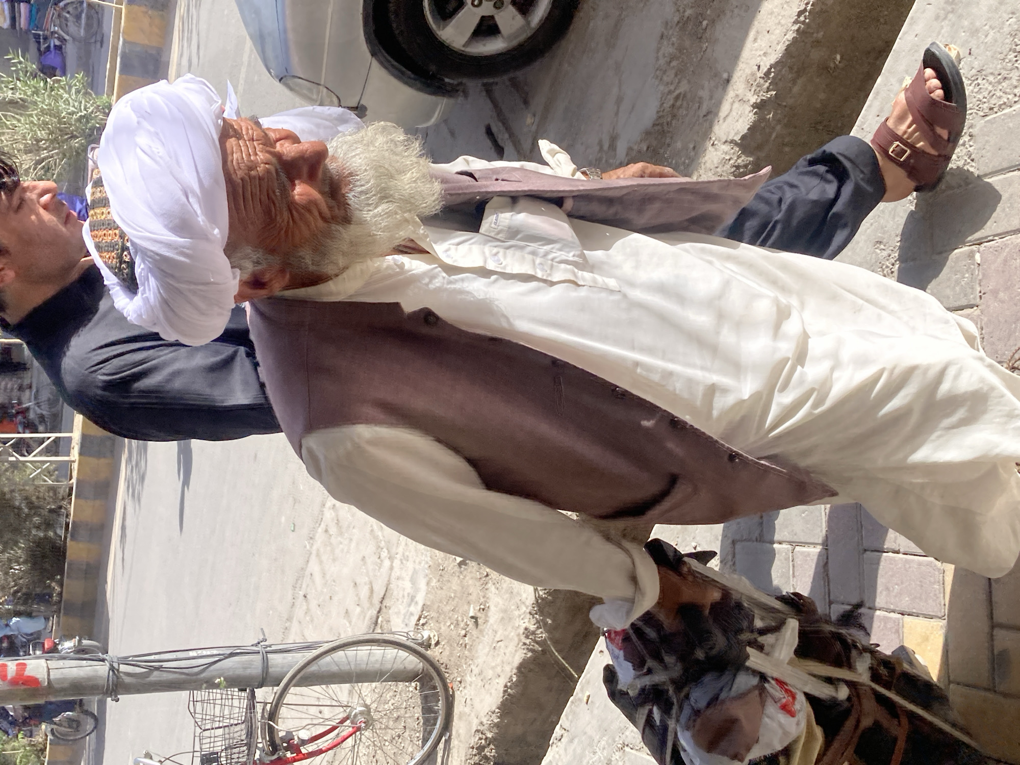 A street in Quetta City Tehsil, Pakistan shows two people. An older man with a white turban, white dress shirt, and brown vest is seated. A younger man in a black shirt and sunglasses stands next to him. The older man wears brown sandals. A donkey stands beside the older man, wearing a decorated harness. A bicycle is nearby. A car is parked behind the men. The street is paved.