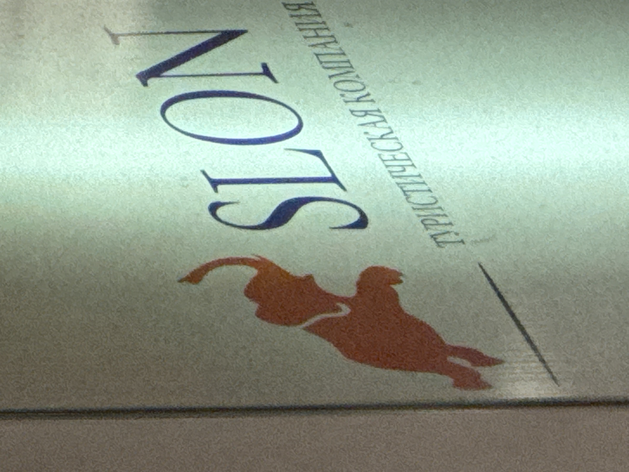 This media file features a close-up of a surface with text and a silhouette. The dominant subject is a large, dark blue text that reads "SLON". To the right of "SLON", also in dark blue, is text in Russian, which appears to say "ТУРИСТИЧЕСКАЯ КОМПАНИЯ". This translates to "TRAVEL COMPANY". Below and to the left of the text is an orange silhouette of what appears to be an elephant, possibly in motion or leaping. The background is a light, textured surface, with a subtle gradient that suggests lighting from above. A thin, dark line runs horizontally across the bottom of the frame, and another thin, dark line is visible diagonally in the upper right quadrant. The overall impression is of a logo or branding element on a product or surface. There are no discernible people, specific setting details beyond the surface itself, or indications of time of day or weather. The image is angled, giving it a dynamic feel. The presence of an elephant and the Russian text related to a travel company might hint at an origin or focus related to travel, possibly involving elephants, and a Russian-speaking clientele. The location context of Karon, Thailand, is not directly evident from the visual elements.