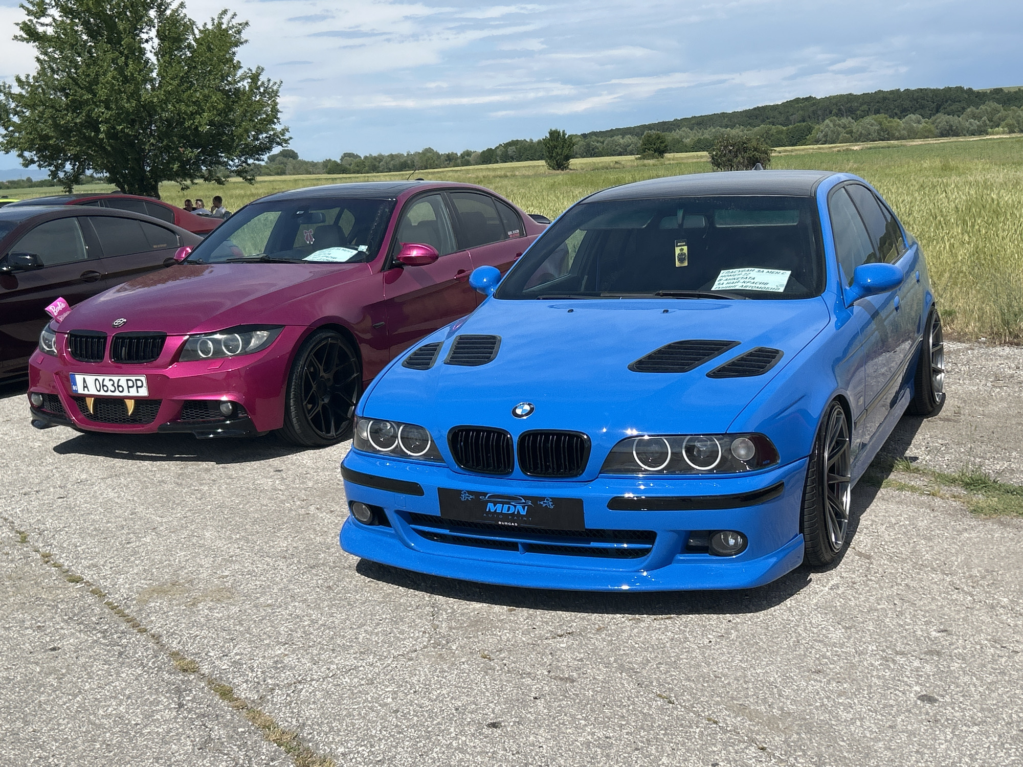 The image showcases two customized BMW cars parked on a concrete surface with cracks, possibly a parking lot or an outdoor exhibition area in the city of Dalbok Izvor, Bulgaria. A field with green and yellow vegetation is visible in the background, along with some trees and a slightly cloudy sky.
The first car is a blue BMW with black accents, featuring modified headlights, hood vents, and a body kit. A promotional plaque from "MDN AUTO PAINT BURGAS" is placed on the front of the car.
The second car is a magenta BMW with black accents and black rims. The license plate is visible, reading "A 0636 PP," and it has modified front grill with visible golden fangs. The overall environment suggests an outdoor car meet or show in a rural or semi-rural area.