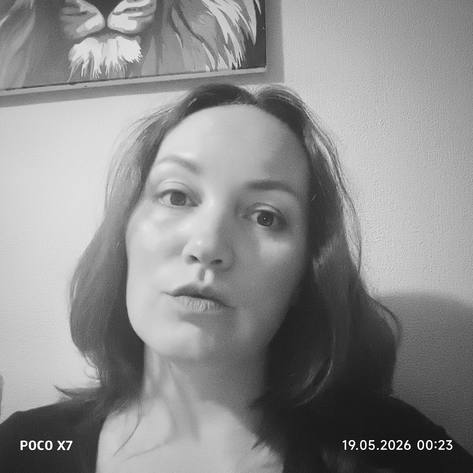 A black and white, medium close-up selfie of a woman is centered in the frame. The background is a textured wall. Above the woman's head, partially cropped, is a framed picture featuring a stylized lion's head. The woman has medium-length hair, parted in the middle, and is wearing a dark garment. The bottom left corner of the image displays the text "POCO X7", while the bottom right corner reads "19.05.2026 00:23". The location is unknown.
