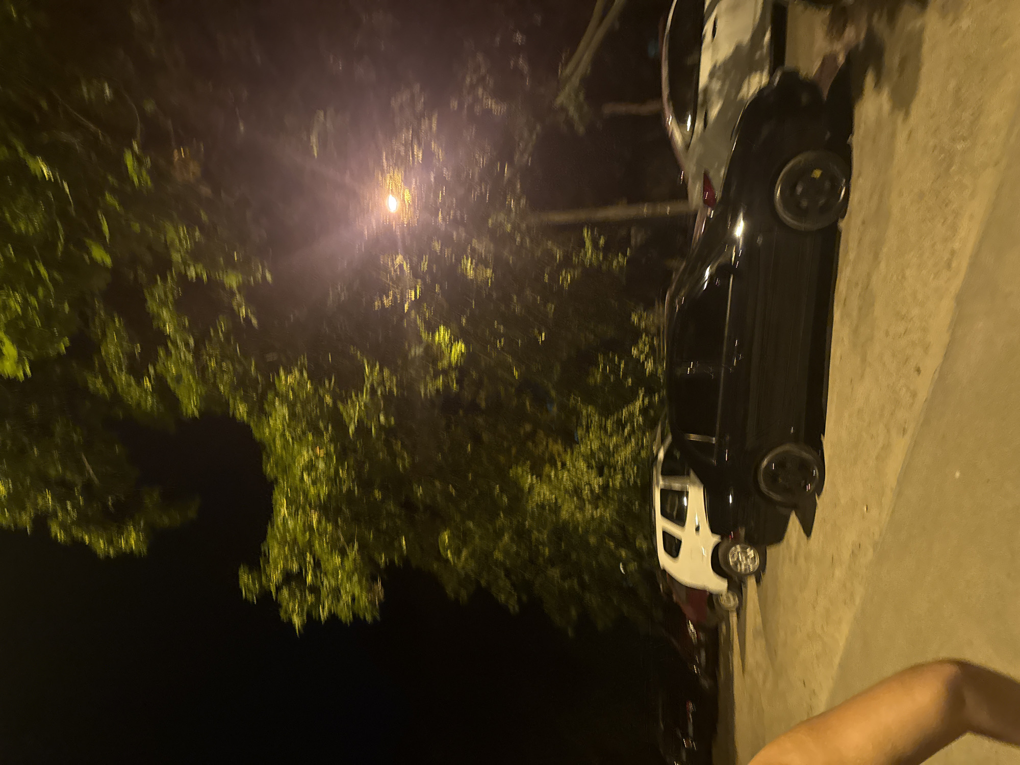 The image depicts a nighttime street scene in Dnipro, Ukraine. A black sedan is parked in the foreground, facing right. To its left, a white SUV and a dark-colored car are partially visible. Overhead, lush green foliage from a tree is illuminated by a street lamp, creating a dappled lighting effect. The ground appears to be a paved surface, possibly a parking lot or roadside. A portion of a person's arm and leg are visible in the lower left corner of the frame, suggesting the photographer is standing close to the scene. The overall atmosphere is one of urban nighttime activity.