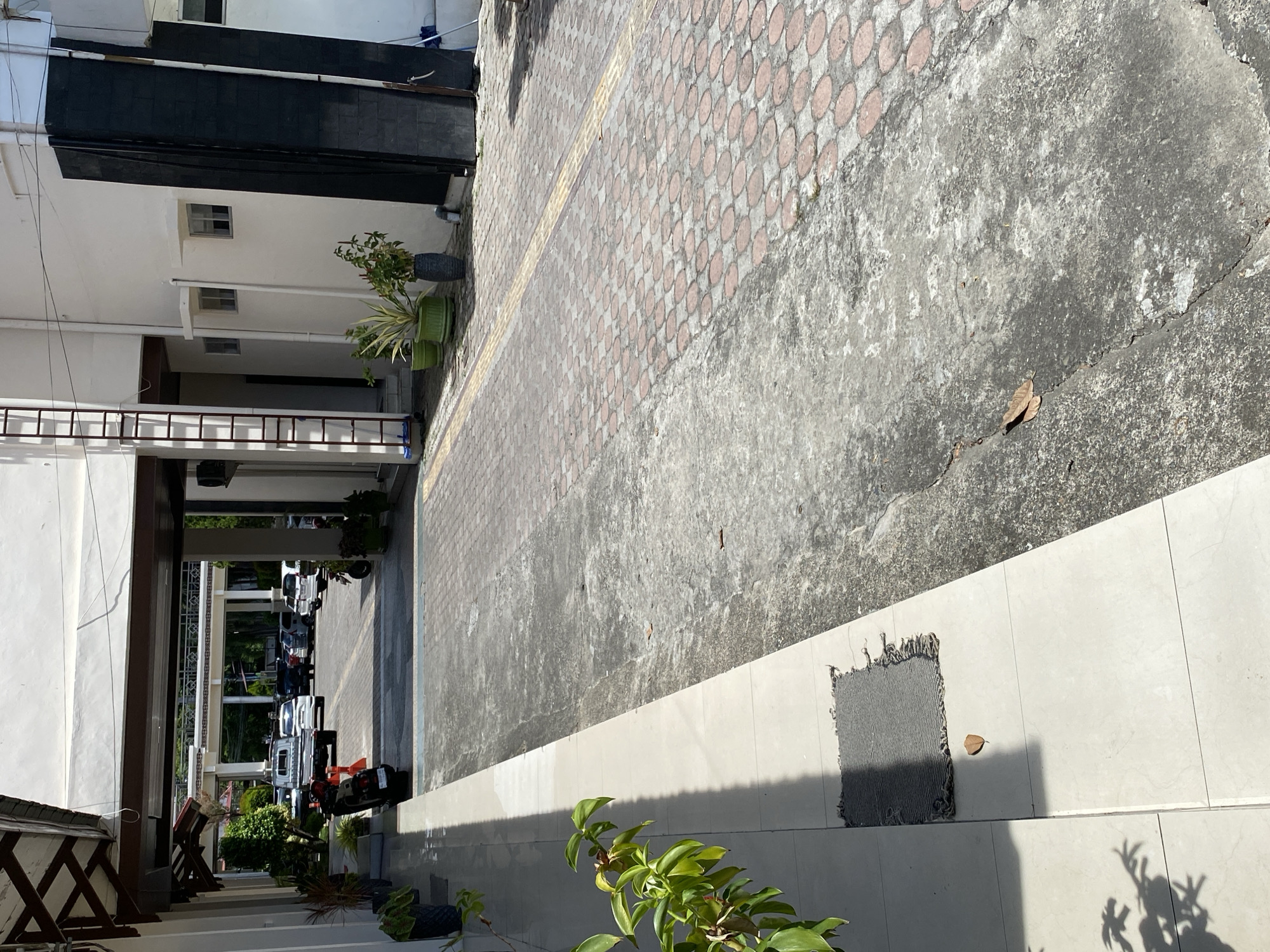 The image depicts a view down a paved walkway in Banda Aceh, Indonesia, adjacent to a building with white walls. On the left, a light-colored tiled area is partially in shadow, with a small, dark rug and a single fallen leaf. A potted plant with green leaves is also visible on this side.
The walkway itself is a mix of gray concrete and red patterned paving stones, separated by a yellow strip. Several potted plants, including a tall, spiky one in a green pot and another in a dark gray pot, are placed along the building. A red ladder extends vertically up the side of the building.
Further down the walkway, a line of parked vehicles is visible under an overhang. These include a white truck, several cars of various colors, and a black motorcycle parked closer to the viewer. The background shows more buildings and greenery. The scene appears to be outdoors during the daytime, with strong sunlight casting shadows.