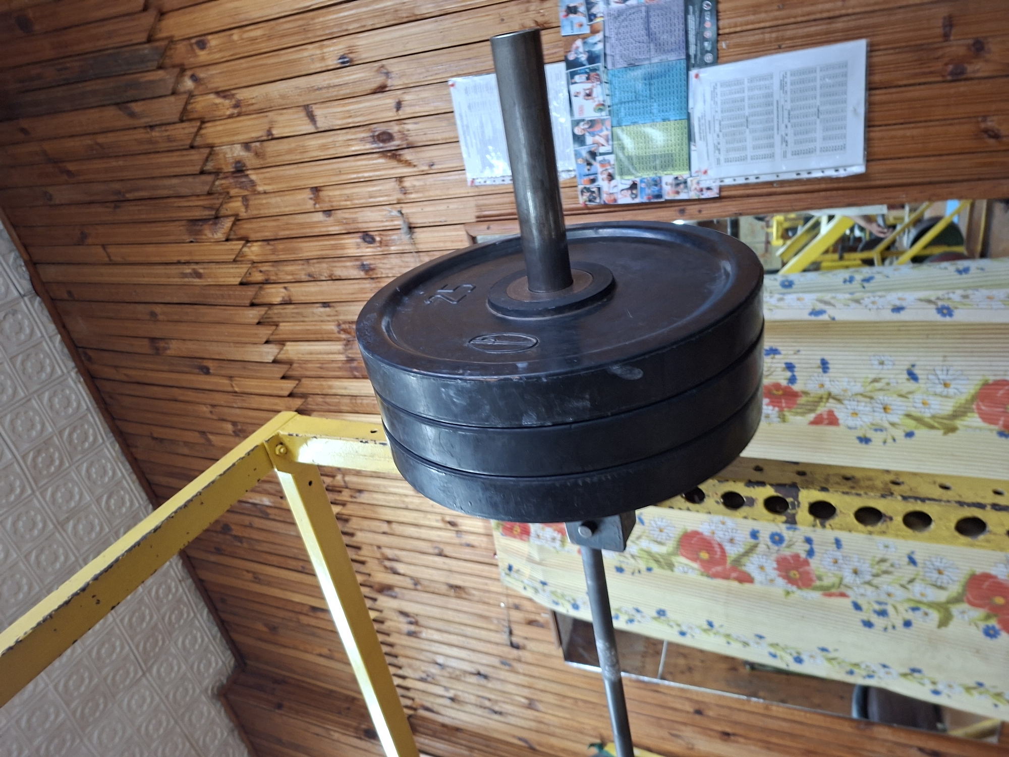 The image shows a weightlifting apparatus with black weight plates attached to a barbell. The equipment is in a room with wood-paneled walls and a patterned ceiling. A yellow metal rack is partially visible behind the barbell. There are papers and charts hanging on the wall to the right of the barbell. The setting appears to be a gym or a personal fitness space. No individuals are present in the frame. The overall impression is of a functional weightlifting setup in a rustic environment.