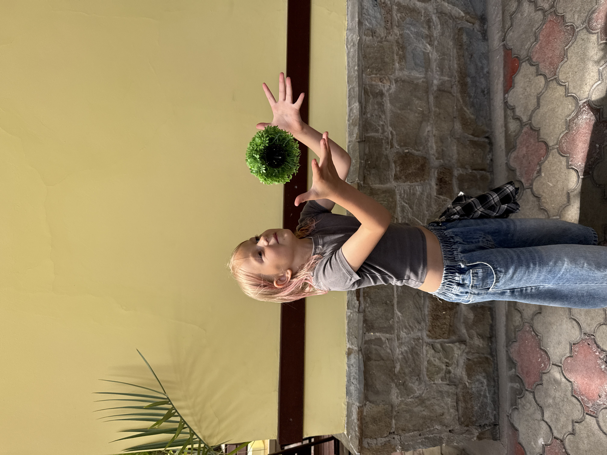 A young blonde girl with pink-tinted hair stands in front of a yellow wall, her arms outstretched and her hands positioned to catch a round, green, artificial plant. She wears a grey t-shirt and baggy blue jeans. Behind her, a stone wall forms the base of the yellow wall. The ground is paved with decorative interlocking stones in shades of grey, tan, and red. A plant with long, thin leaves casts a shadow on the yellow wall to the left of the girl.