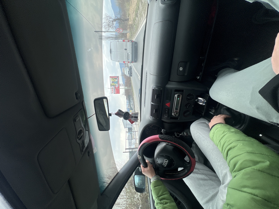 The image captures the interior of an Audi vehicle from the front passenger's perspective, looking forward through the windshield. The scene is located on a paved road in Banichan, Bulgaria. The driver, wearing a green jacket and light grey sweatpants, has their right hand on the black steering wheel, which is fitted with a pink and black cover, and their left hand on the manual gear shifter. The passenger's legs, also clad in light grey sweatpants, are visible in the foreground. A "Boss Baby" themed air freshener hangs from the rearview mirror.
Outside the vehicle, a silver/white Mercedes-Benz Sprinter van is directly ahead on the road, followed by a dark-colored sedan. To the right side of the road, a circular speed limit sign indicating "70" is visible, alongside sparse, bare trees and distant mountains under a cloudy sky. To the left, a large red billboard displaying "T-MAX" advertising is present, behind a white fence structure.