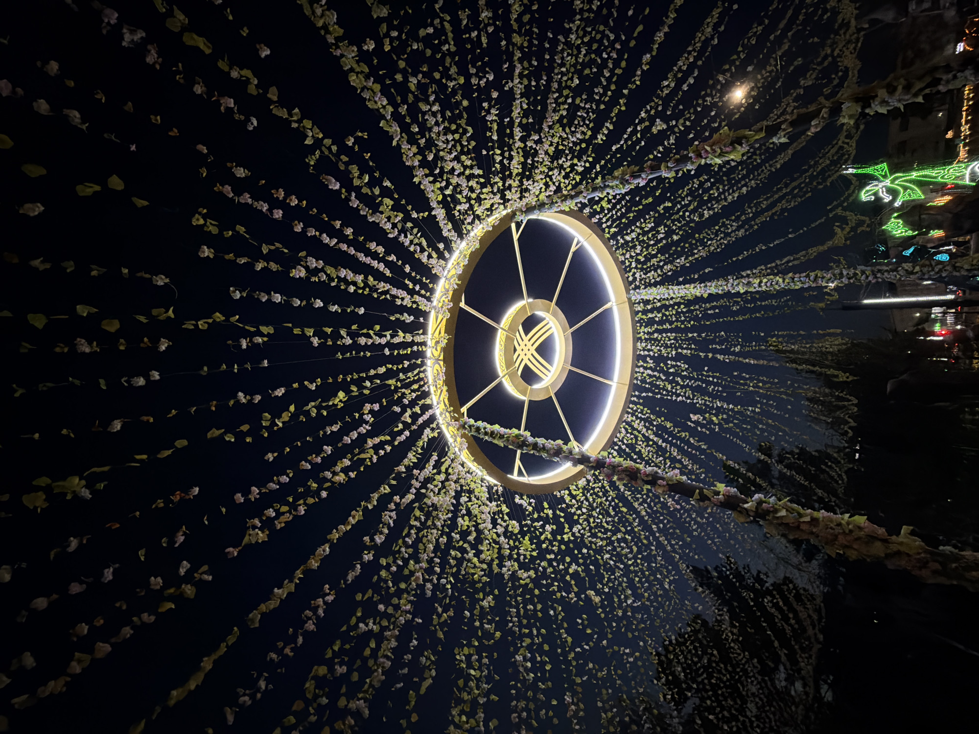 The image depicts an outdoor scene at night, featuring a large, circular illuminated structure adorned with hanging strings of artificial flowers and leaves. This structure appears to be part of an urban decorative installation, possibly for a festival or celebration. The central element is a golden ring with internal radiating spokes and a luminous white light source within. Rows of delicate pink and white artificial flowers, interspersed with green leaves, hang from wires, creating a canopy effect that extends outwards from the central ring. The background shows a dark night sky, with hints of silhouetted trees and urban lights in the lower portion of the image, including a neon green figure. This scene is located at the central square of Pavlodar, Kazakhstan, in front of the Akimat building, as identified by its distinctive architectural features visible in similar contexts and common knowledge of the city's landmarks. There are no discernible people engaged in specific actions within the frame.