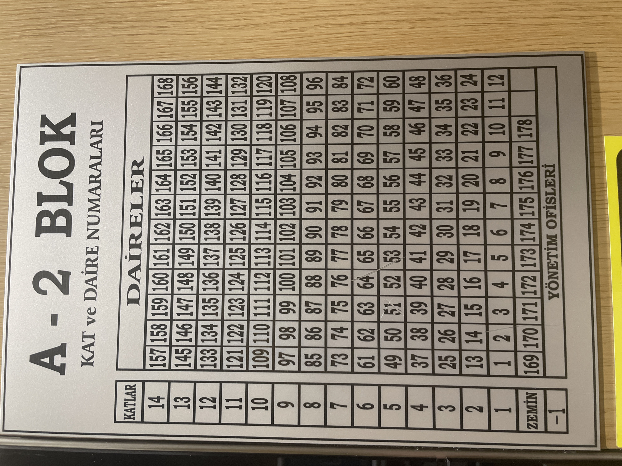 The image shows a directory sign for apartment and office numbers in "A-2 BLOK" located in Yunus Emre, Turkey. The sign is a silver-colored plaque mounted on a wooden surface. The plaque is divided into columns and rows, with "KATLAR" (Floors) on the left and "DAİRELER" (Apartments) to its right. The floors are listed from 14 down to -1. The apartment numbers are sequentially arranged for each floor, with the "ZEMİN" (Ground) floor listing apartments 169 to 178. The bottom of the plaque indicates "YÖNETİM OFİSLERİ" (Management Offices). The sign appears to be indoors, likely in the lobby or a common area of the building. There are no people or specific actions depicted.