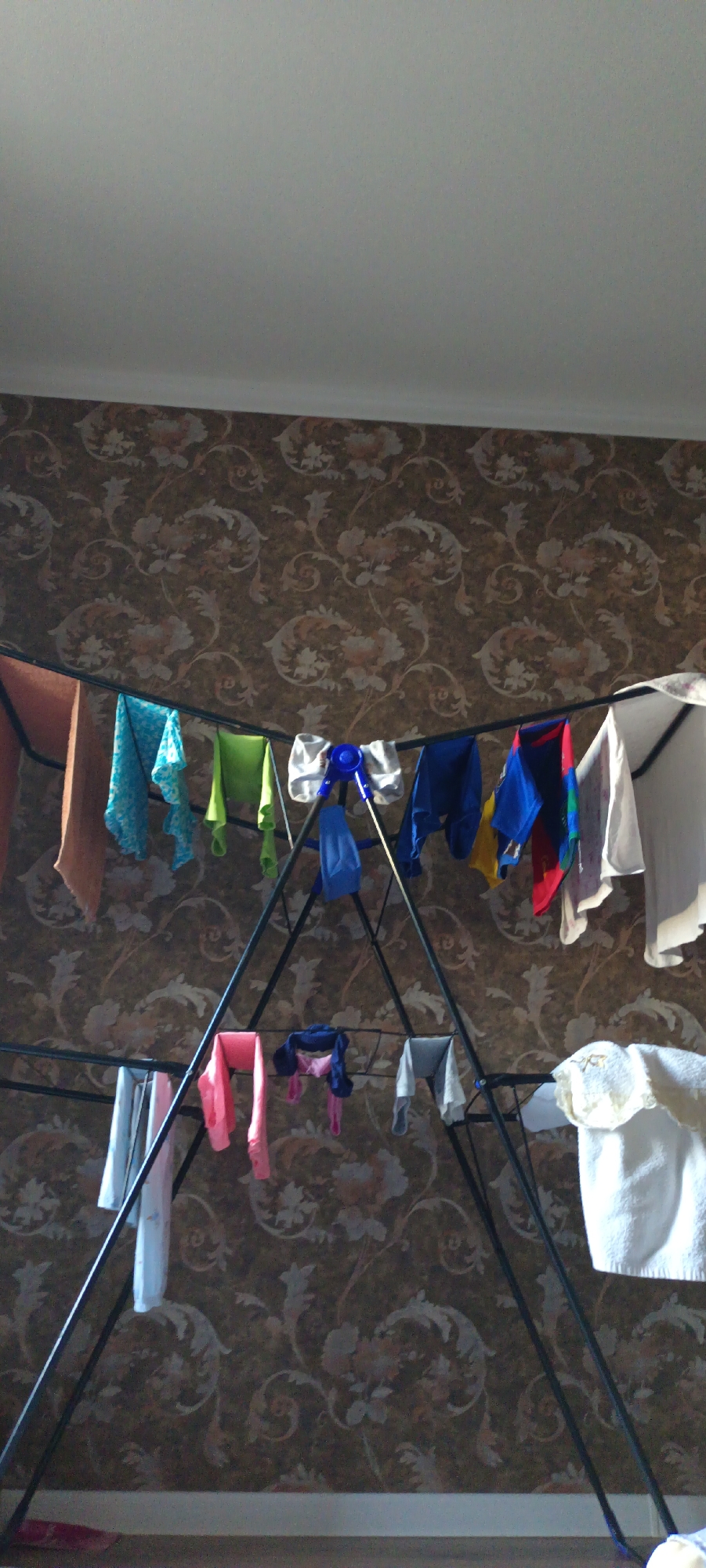 The image shows a clothes drying rack set up indoors, against a floral patterned wallpaper. Various items of clothing are hung on the rack, including shirts, pants, and what appear to be towels. The clothes are of different colors and sizes, suggesting a mix of adult and possibly children's clothing. Some items are brightly colored, such as a blue and green shirt, while others are more muted tones of pink, gray, and white. The drying rack itself is a black metal A-frame structure.
In the upper part of the image, there is a glimpse of a white ceiling and a wall molding. The lighting suggests it might be daytime, with natural light coming from the side, casting shadows on the clothes and the wallpaper. The scene appears to be a domestic setting, likely a room in a house or apartment where laundry is being done. There are no people visible in the image. The overall impression is one of everyday domestic activity. The wallpaper has a detailed, somewhat vintage pattern, with scrolling floral motifs in shades of brown, beige, and muted pinks and greens. The presence of a clothes drying rack indicates the practice of air-drying laundry. The location context of Fergana City, Uzbekistan, implies a possibly warm climate where air-drying would be common.
