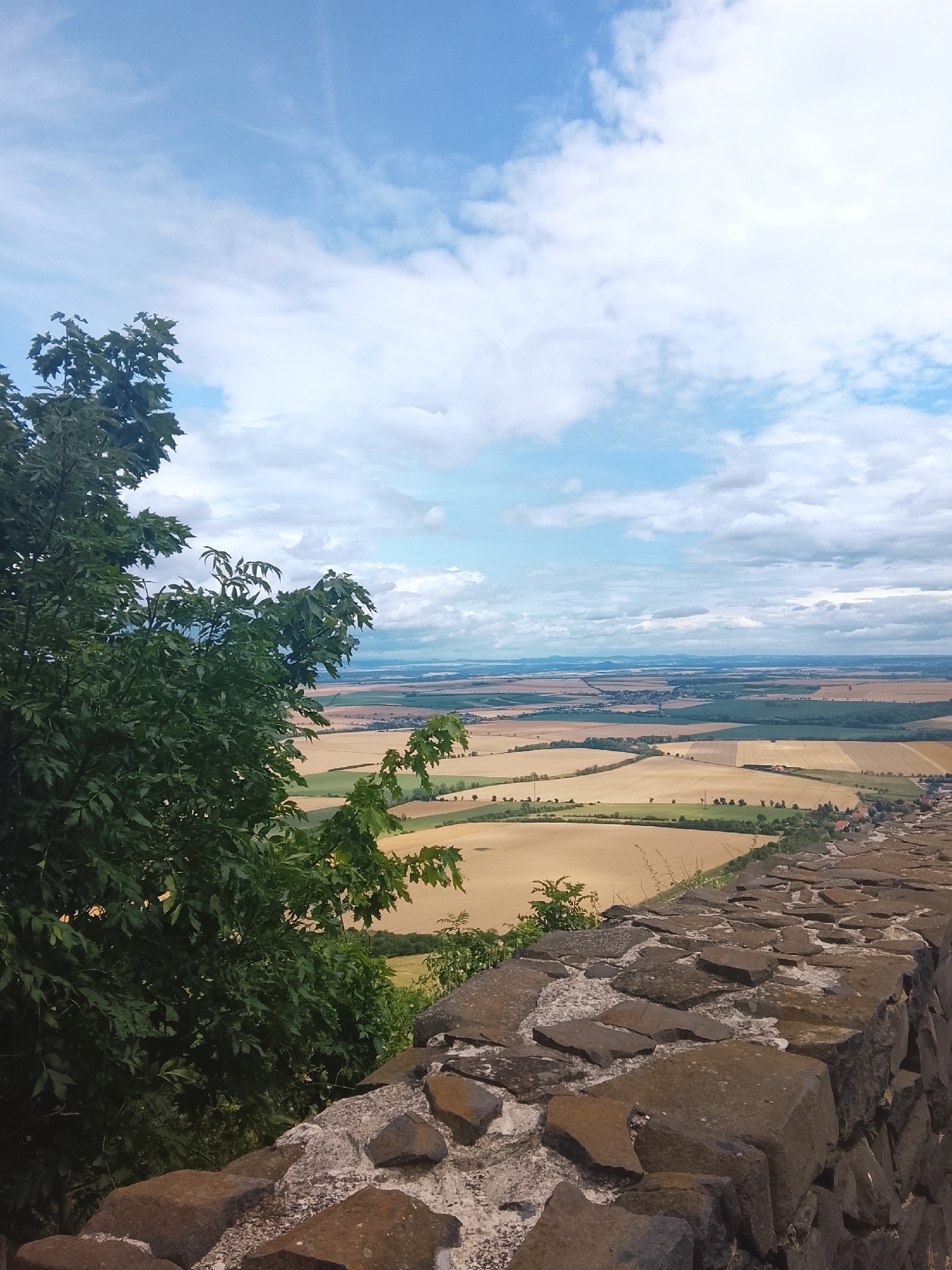 An eye-level, full shot captures a vast landscape from a high vantage point, possibly a viewpoint or a wall. In the foreground, a rugged, stone wall dominates the lower right quadrant, constructed from irregular, dark brown and grey stones of various sizes, with some lighter grey mortar visible between them. To the left, a dense, dark green tree with broad leaves partially obscures the view, its branches reaching into the frame. Beyond the wall and the tree, a sprawling panorama unfolds. The mid-ground features a patchwork of agricultural fields, predominantly in shades of golden yellow and light brown, interspersed with some darker green patches and scattered trees. A village or small town is visible in the distance, with red-roofed buildings. The background reveals a hazy, distant horizon with rolling hills and mountains under a bright, partly cloudy sky. The sky itself is a mix of pale blue with soft, white, and grey clouds, some wispy and others more substantial, suggesting a summer or spring day with dynamic weather. The overall impression is one of expansive natural beauty viewed from a historical or elevated structure.