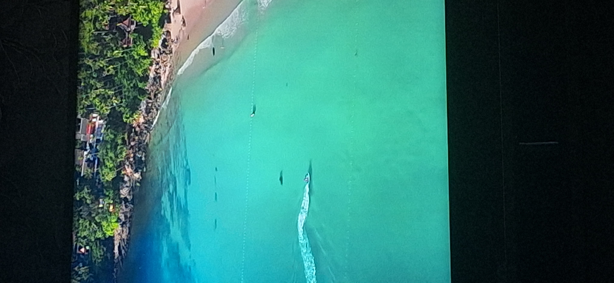 The image depicts a tropical coastal scene with clear, turquoise waters and a sandy beach. Lush green vegetation and buildings are visible on the hillside overlooking the water. In the water, a jet ski is in motion, leaving a white wake. Several dark, fin-like shapes, possibly sharks, are scattered throughout the water. A white dotted line stretches horizontally across the water, potentially marking a boundary or safety zone. The scene appears to be a vacation resort or a popular swimming area. There is no discernible connection to the city of Bila Tserkva, Ukraine, as the environment is distinctly tropical.